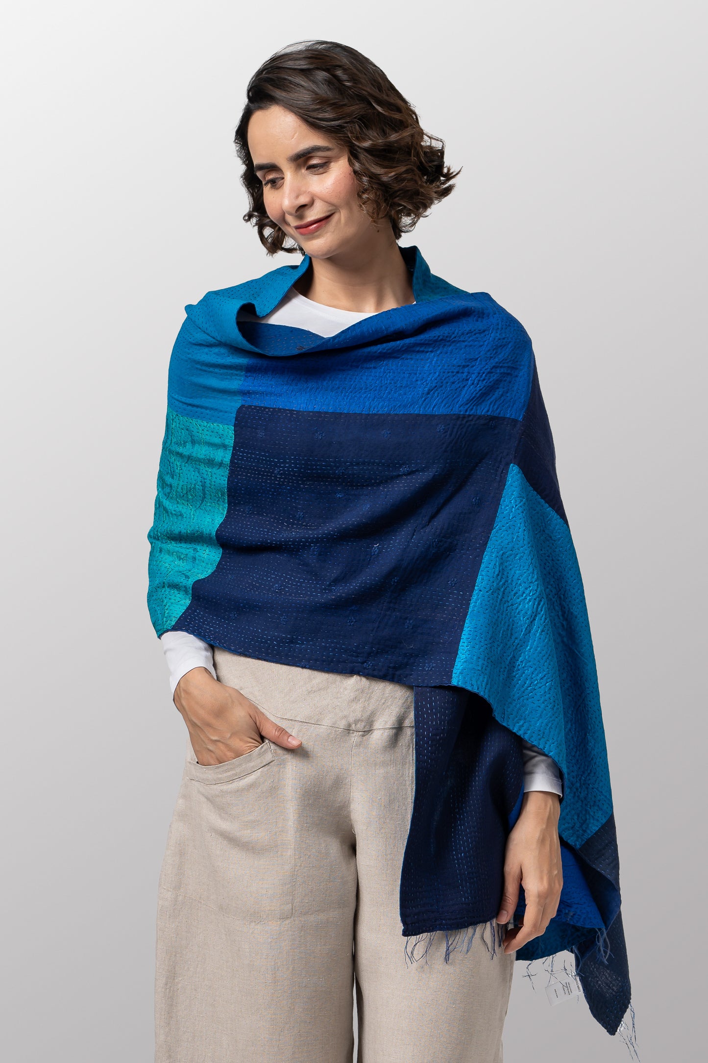 COTTON SILK SW PATCH OMBRE KANTHA SCARF STANDARD - wo2801-blu -