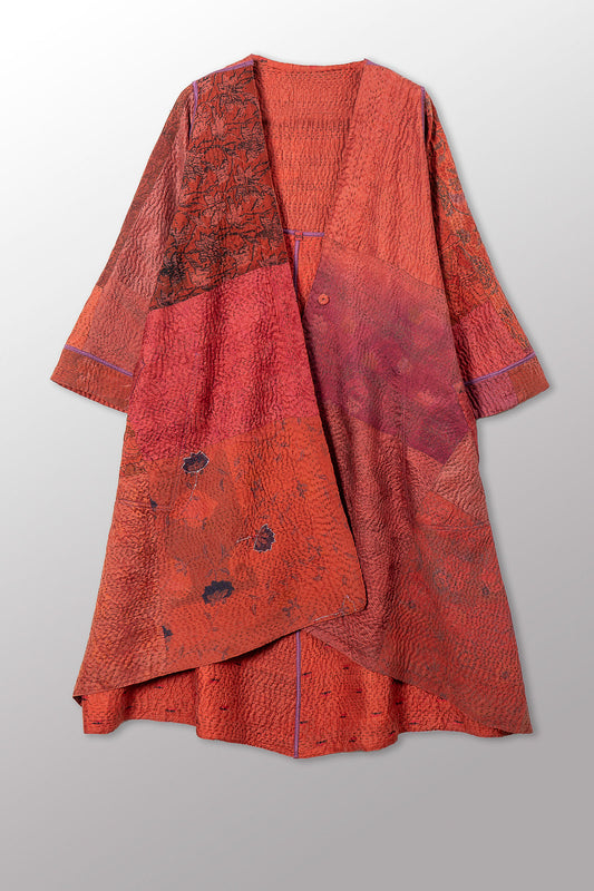 GEORGETTE JACQUARD VINTAGE SILK PATCH KANTHA WRAP FLARE COAT - gj4330-org -