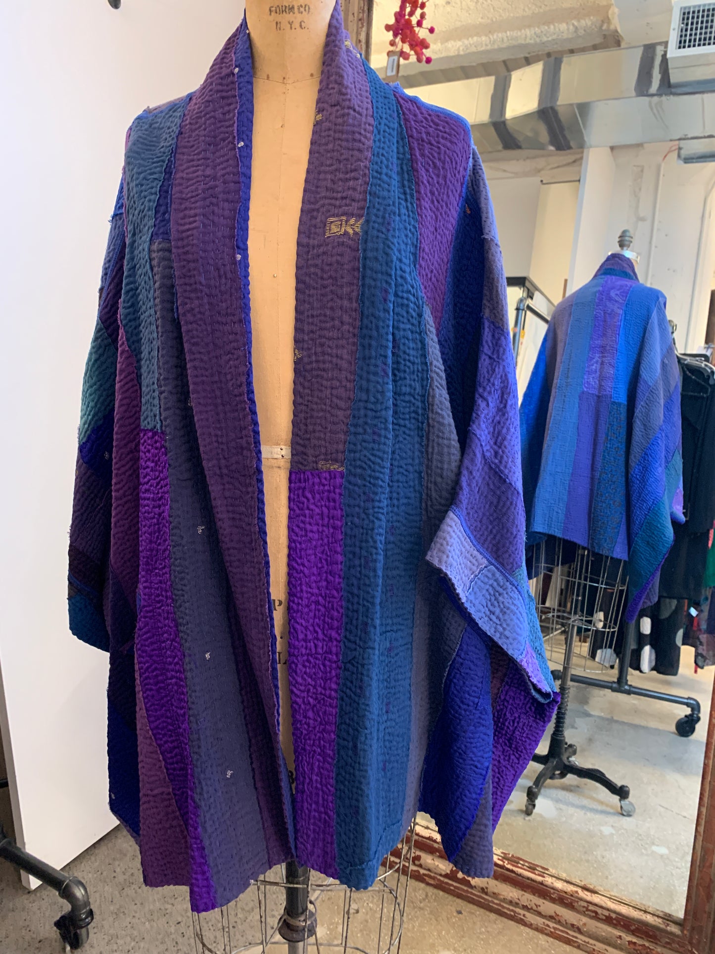 STRIPE AND CHECK COTTON SILK PATCH KANTHA DOUBLE COLLAR PONCHO - ss4323-blu -