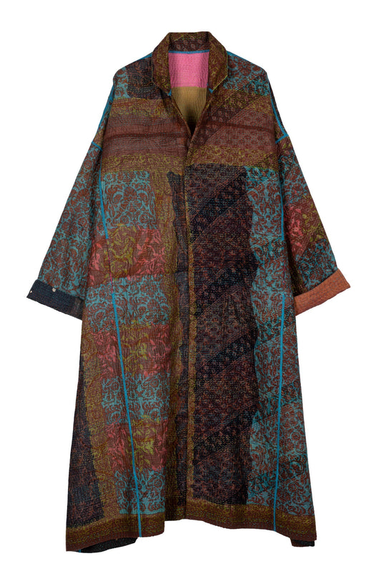 BAGH PRINT KANTHA OVERSIZED COAT - bg4326-brn -