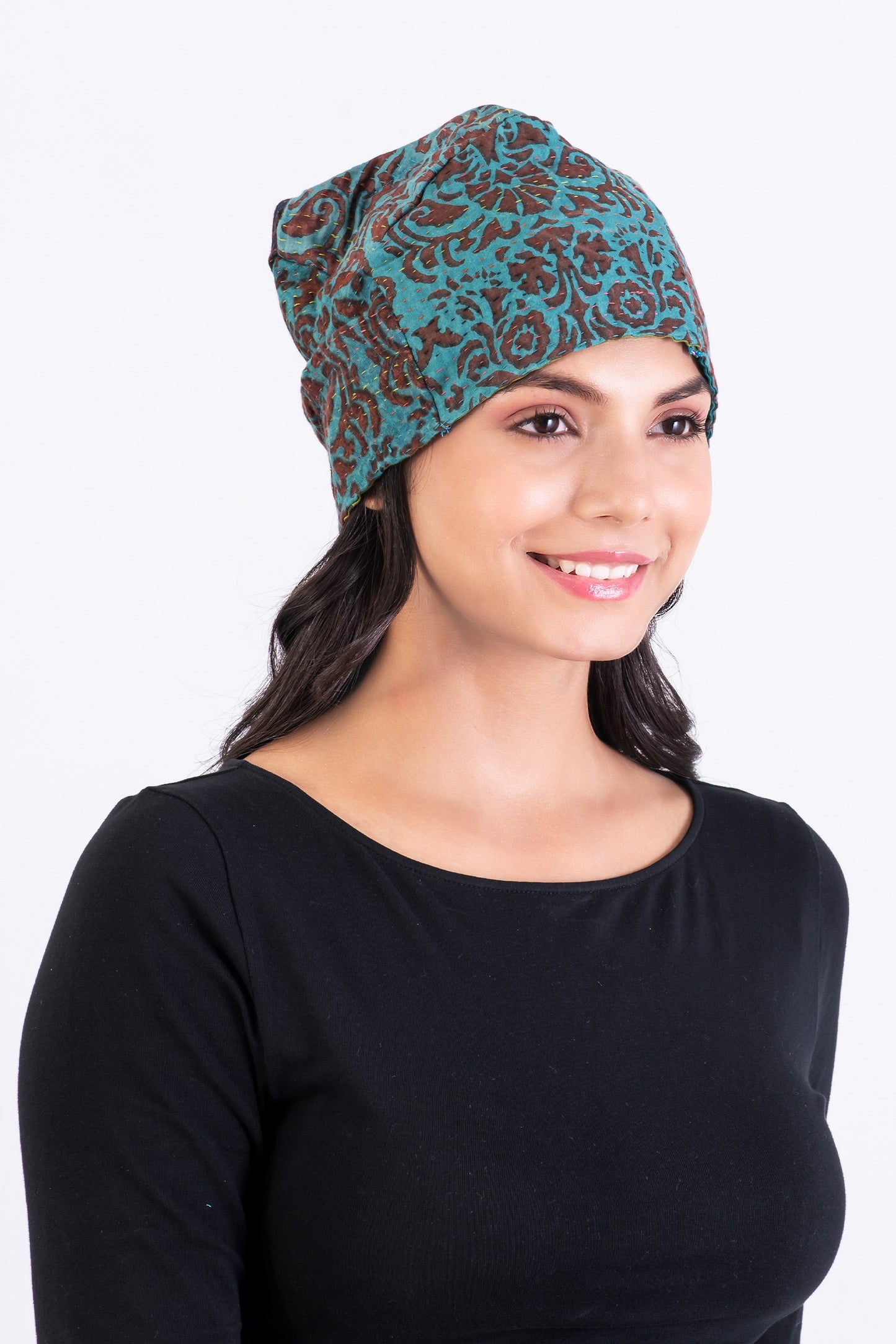 BAGH PRINT KANTHA PATCHWORK HAT - bg4880-brn -