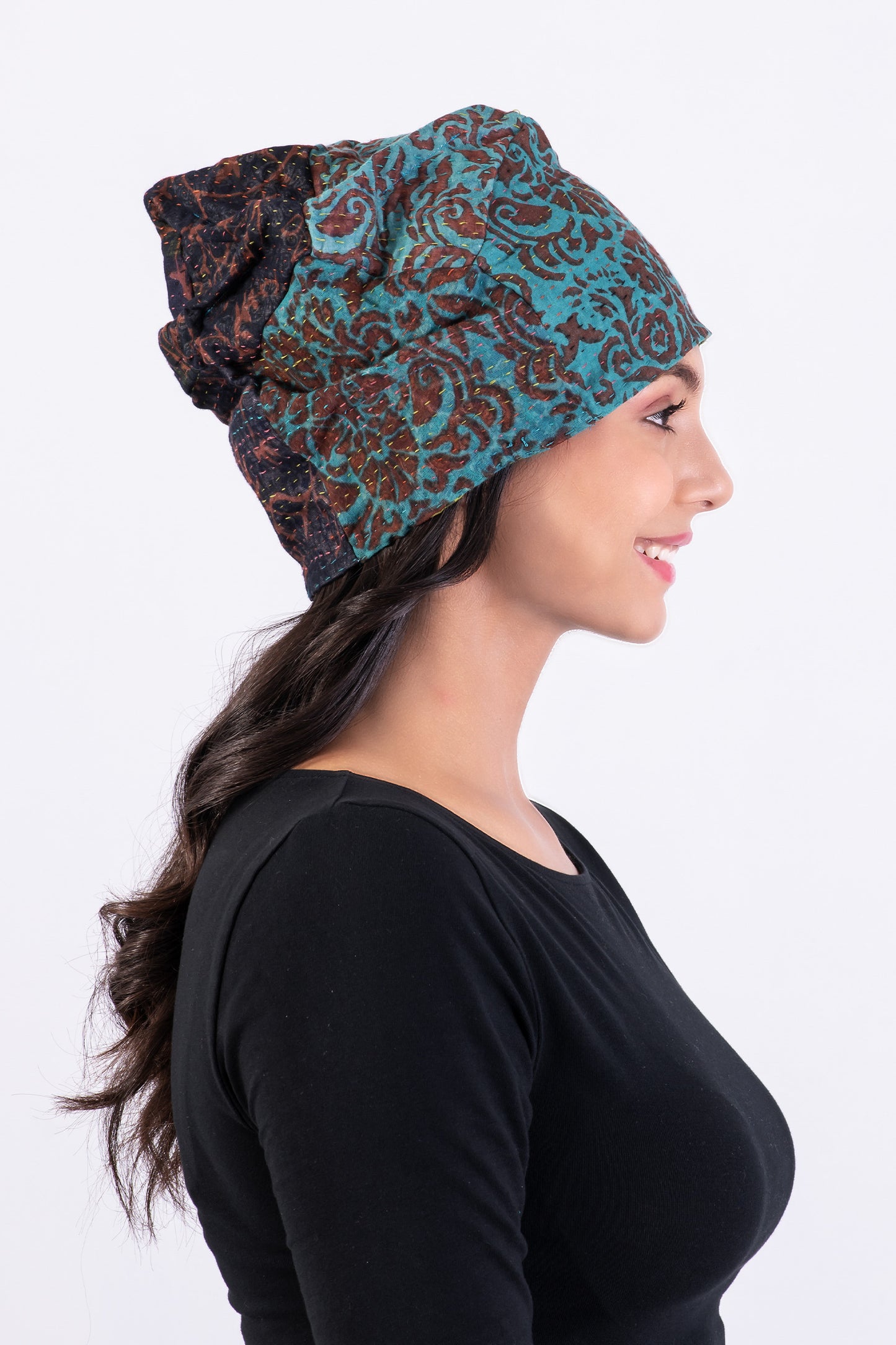 BAGH PRINT KANTHA PATCHWORK HAT - bg4880-brn -