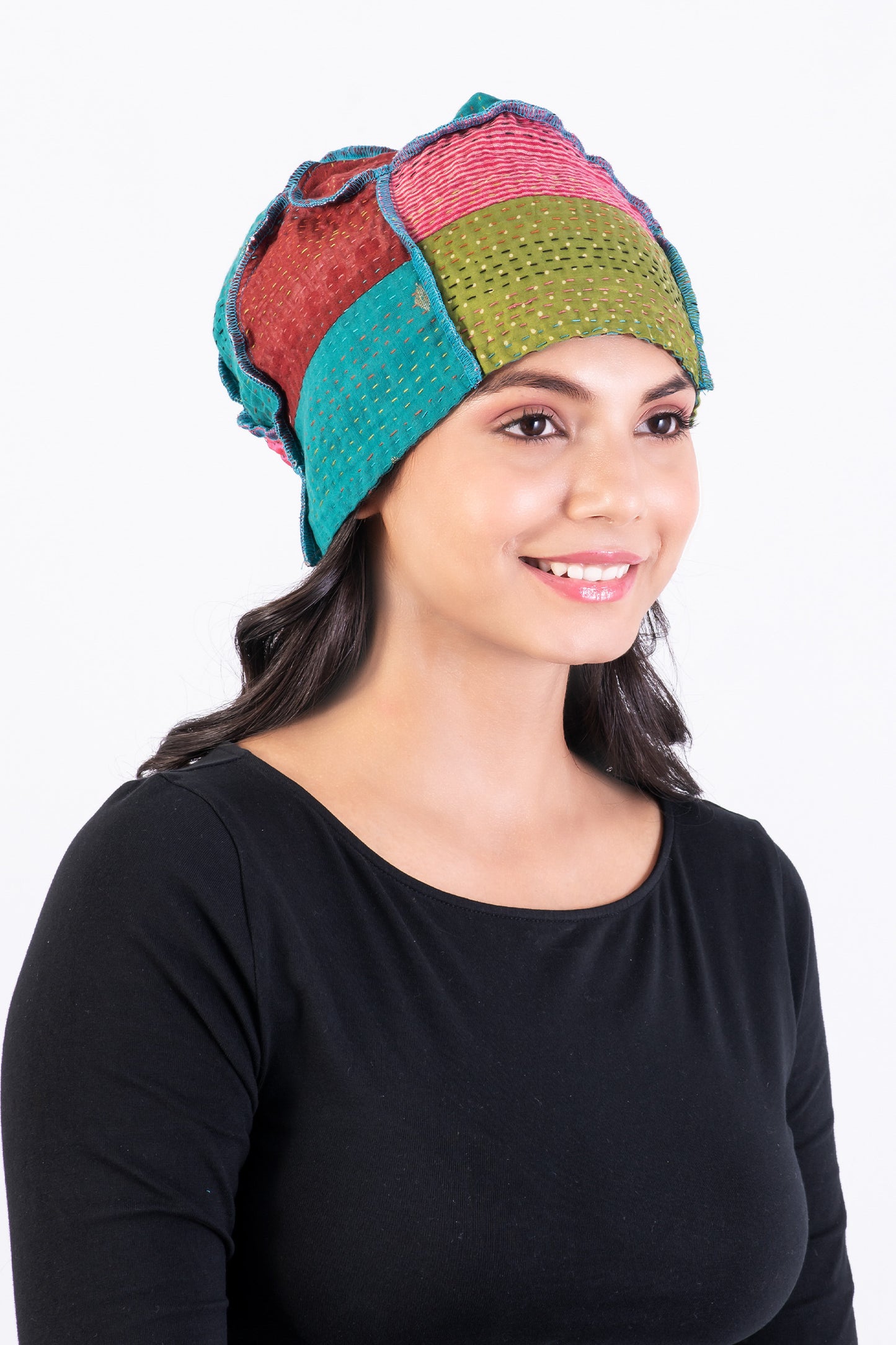 BAGH PRINT KANTHA PATCHWORK HAT - bg4880-brn -