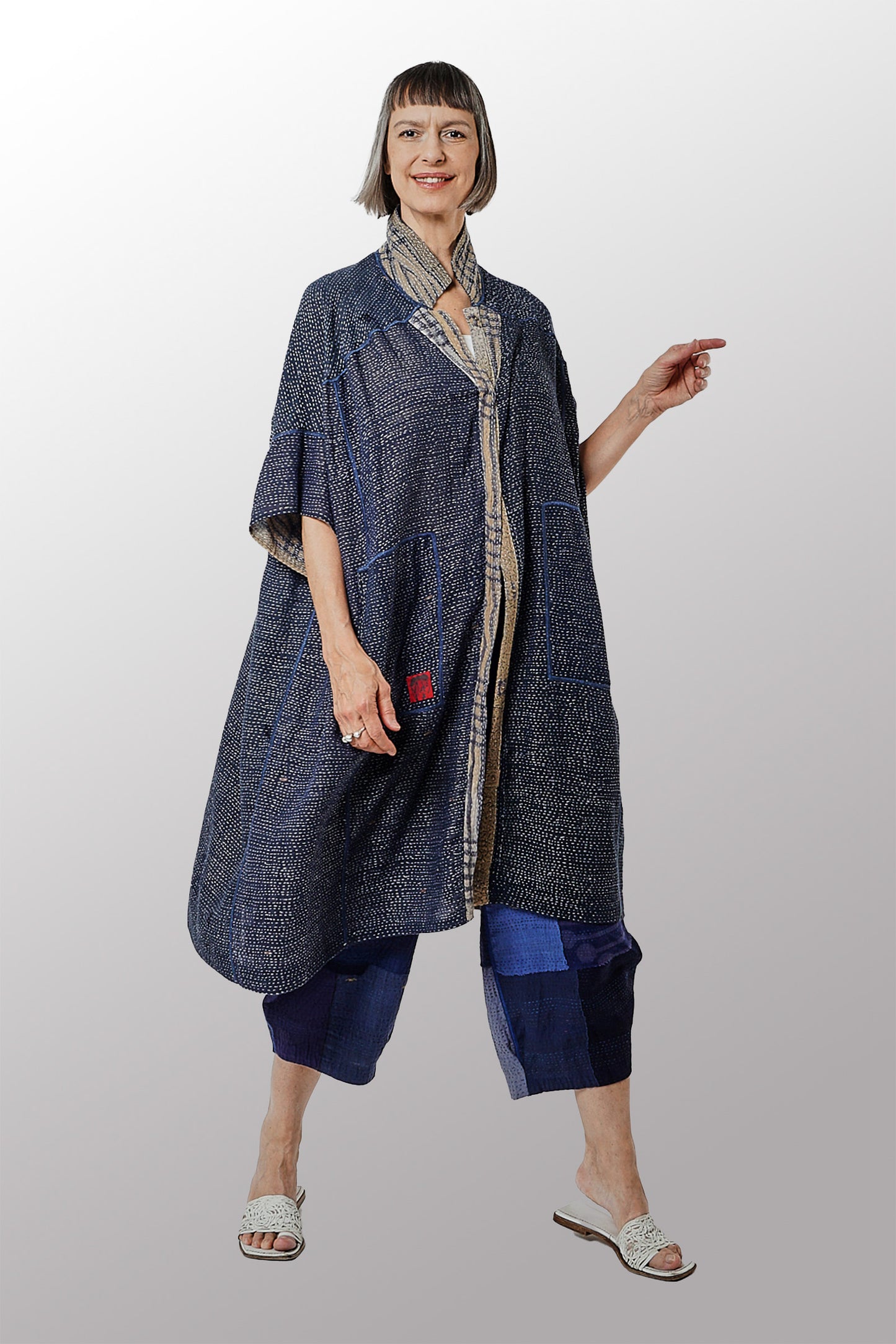 INDONESIAN PRINT VINTAGE INDIGO BACKING KANTHA WIDE SHIRT DRESS - bi2448-blu -