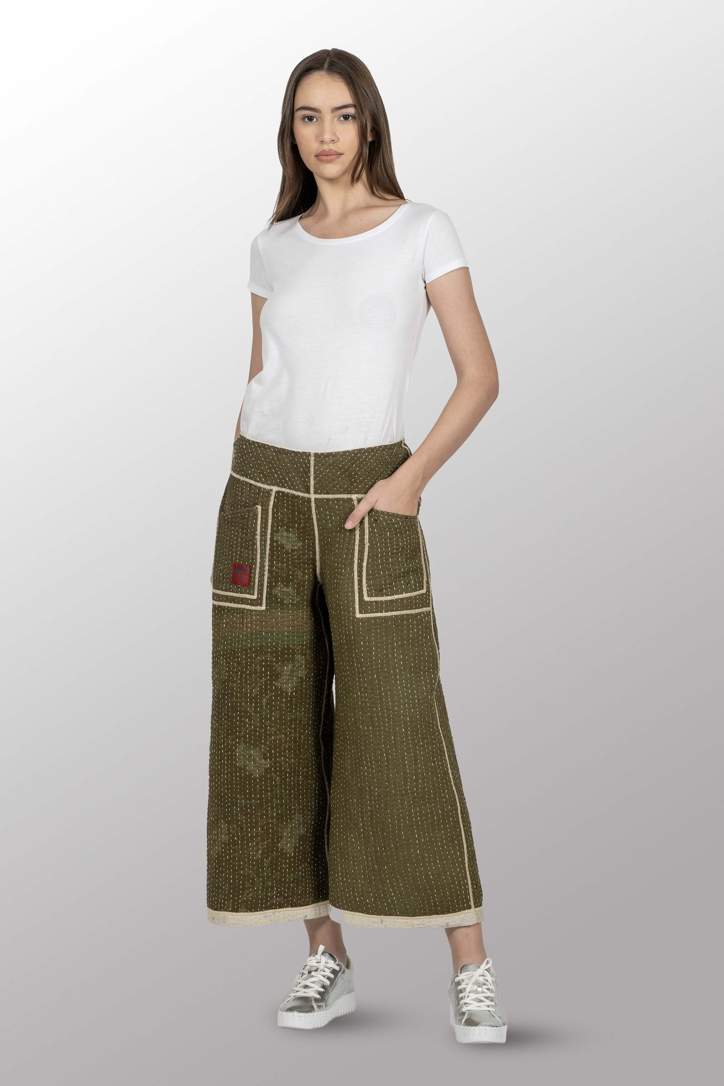 BBK SOLID KANTHA MID RISE WIDE LEG PANTS - bl-bbs4665-ivy -