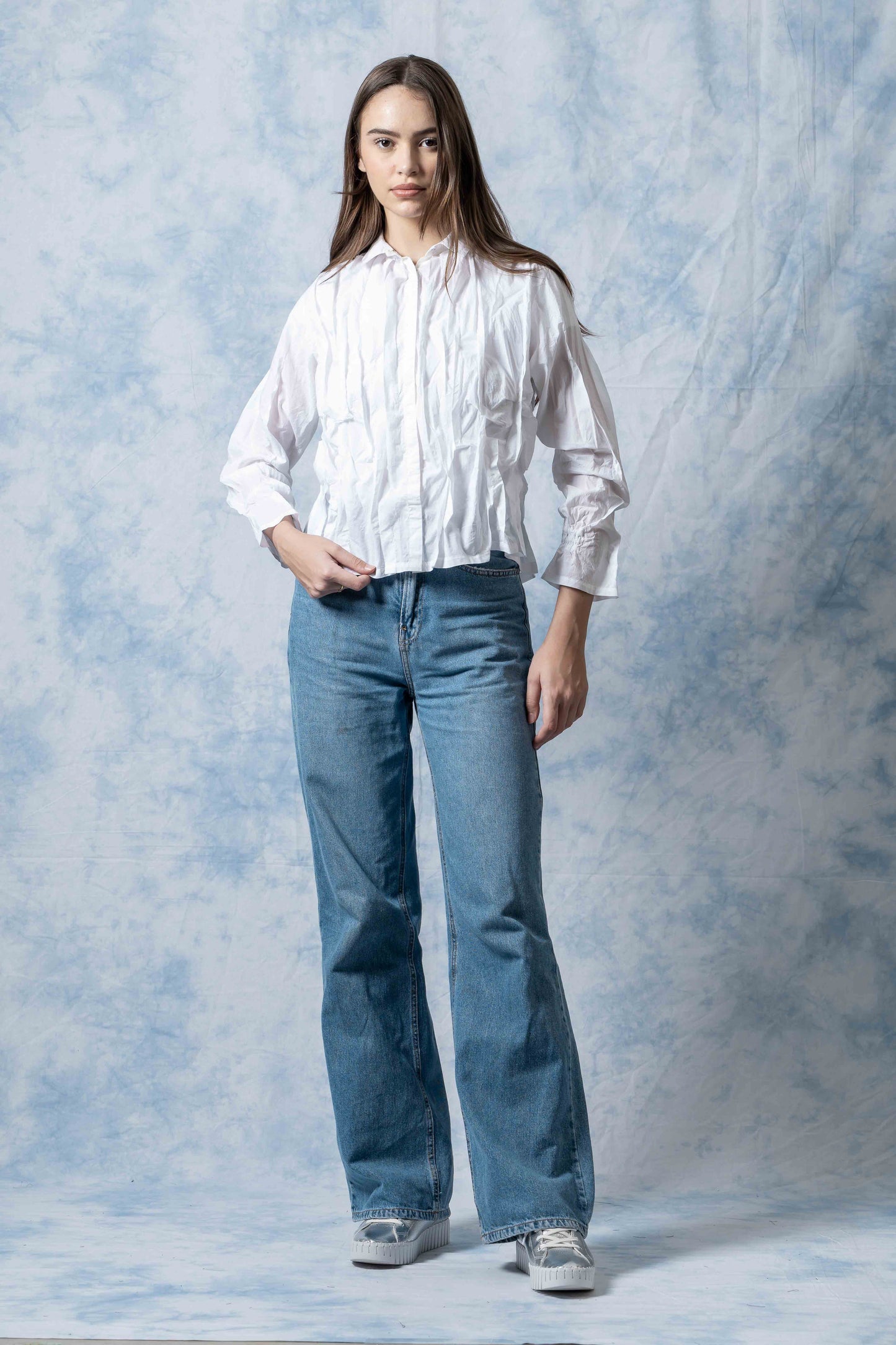 POLISHED COTTON WAVY TUCK CROPPED SHIRT - bl-wl1579-ivy -