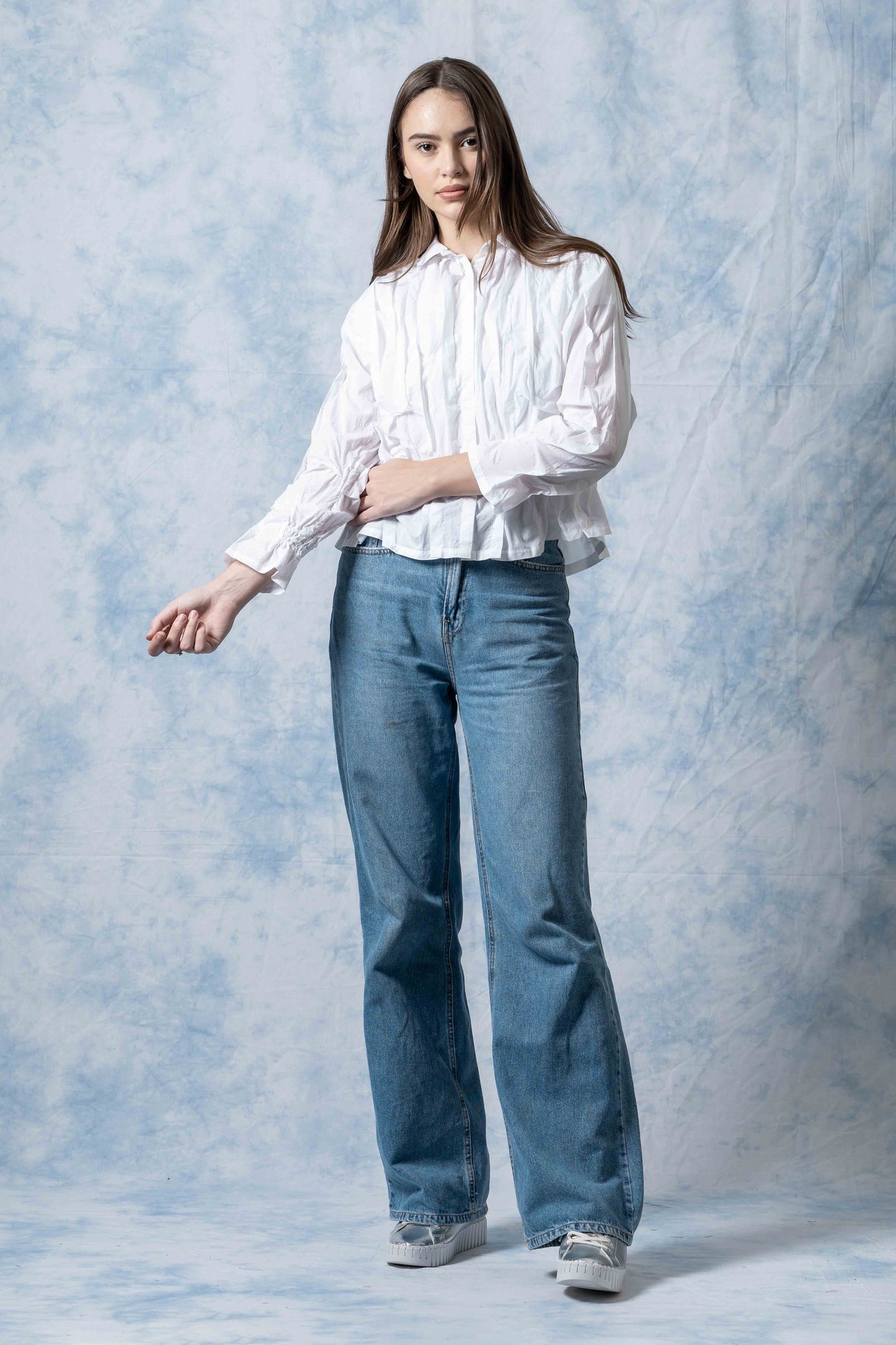 POLISHED COTTON WAVY TUCK CROPPED SHIRT - bl-wl1579-ivy -