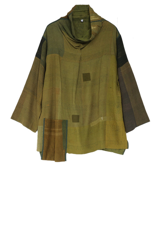 BROCADE PATCHED KANTHA STAND COLLAR TUNIC - bp2509-lim -