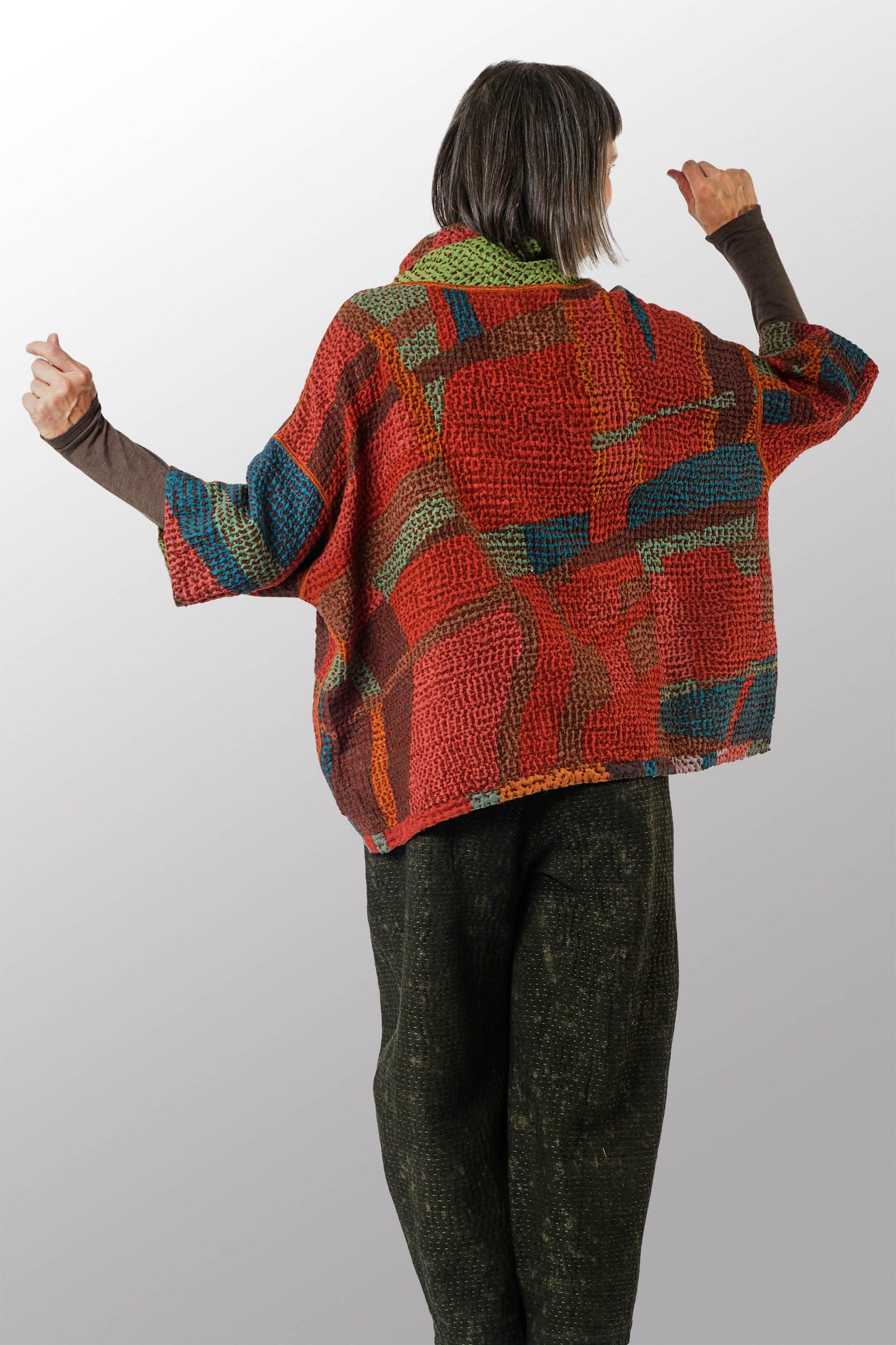 ABSTRACT WAFFLE KANTHA COWL NECK PONCHO - bw3061-red -