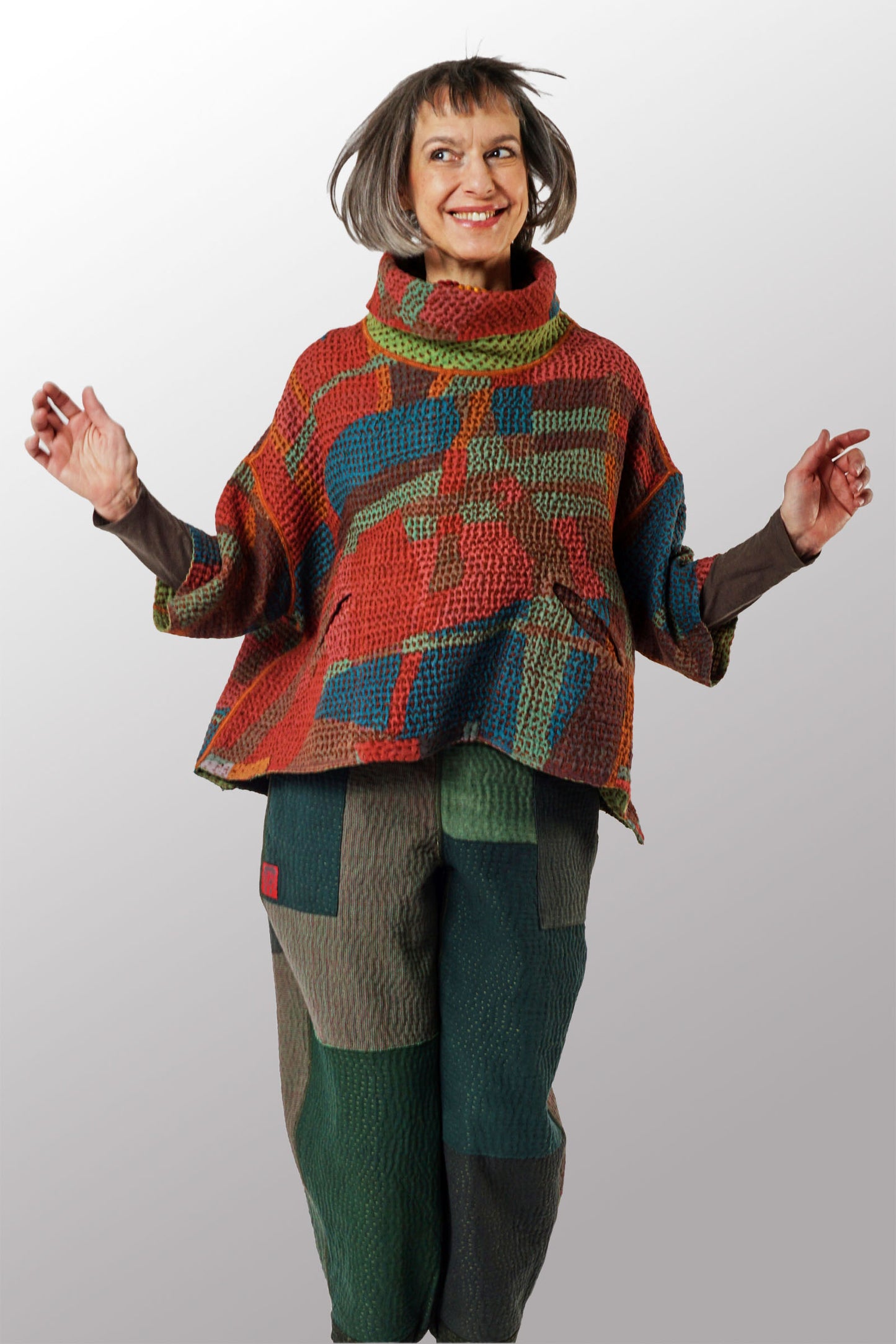 ABSTRACT WAFFLE KANTHA COWL NECK PONCHO - bw3061-red -