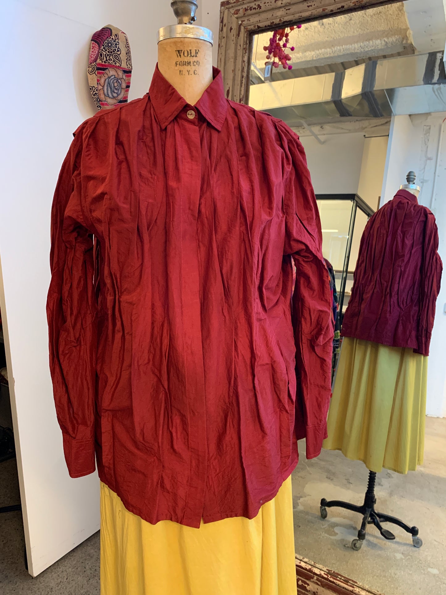 DYED COTTON SILK HEAVY VOILE WAVY TUCKED MEN'S SHIRT - dh1551-red -