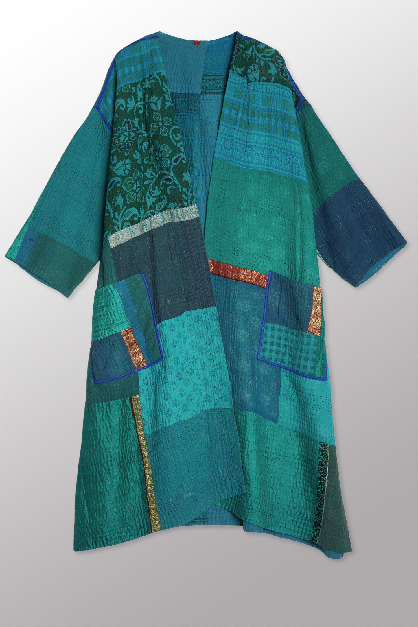 COTTON SILK SW PATCH KANTHA LONG DUSTER - ws4328-tel -