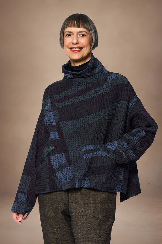 ABSTRACT WAFFLE KANTHA FUNNEL NECK PULLOVER - bw3t106-nvy -