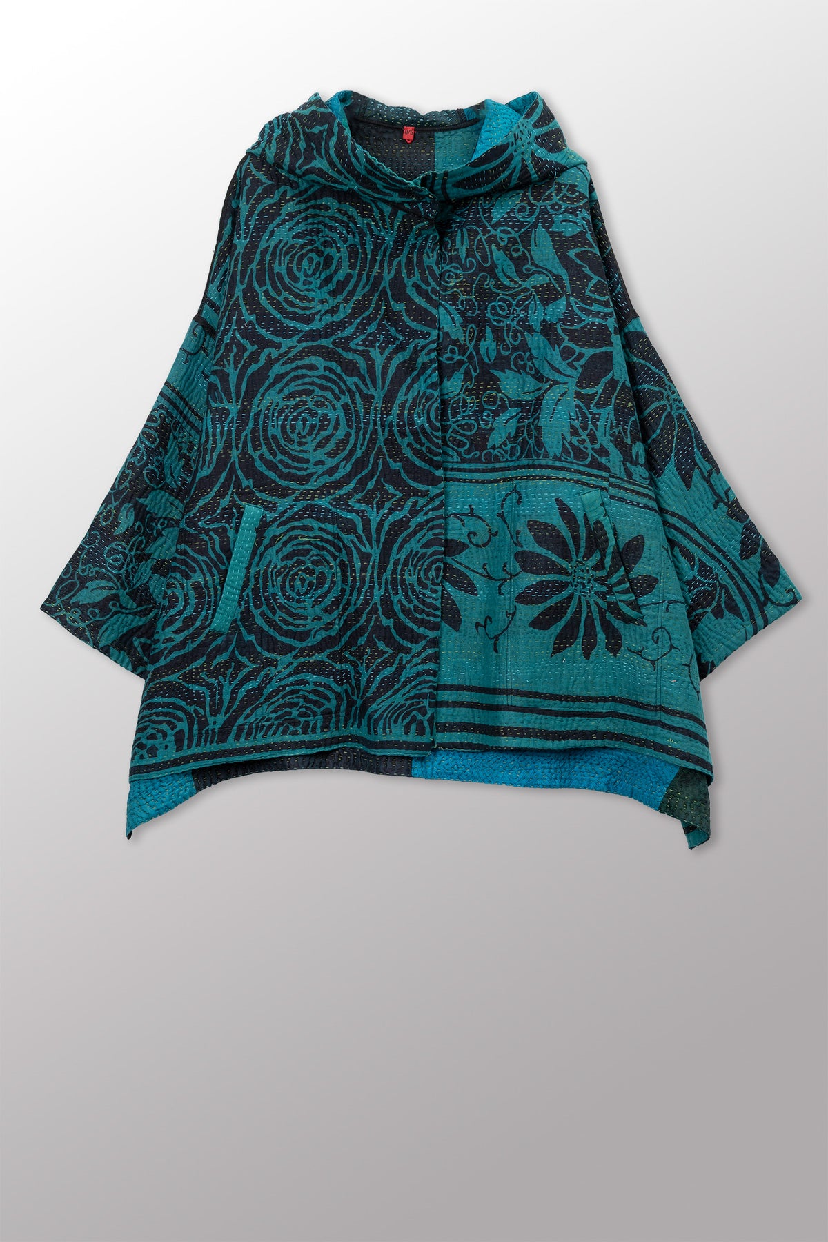 EMERALD GREEN KANTHA HOODIE PONCHO - eg4064-tel -