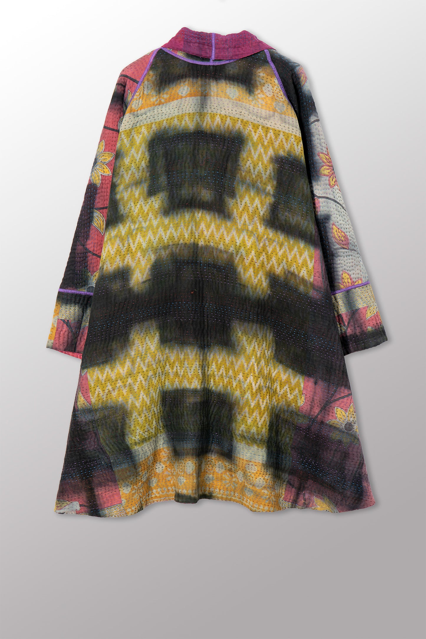 VINTAGE COTTON GREY CLAMP TIE DYE KANTHA KIMONO LONG JACKET - su4005-0001a -