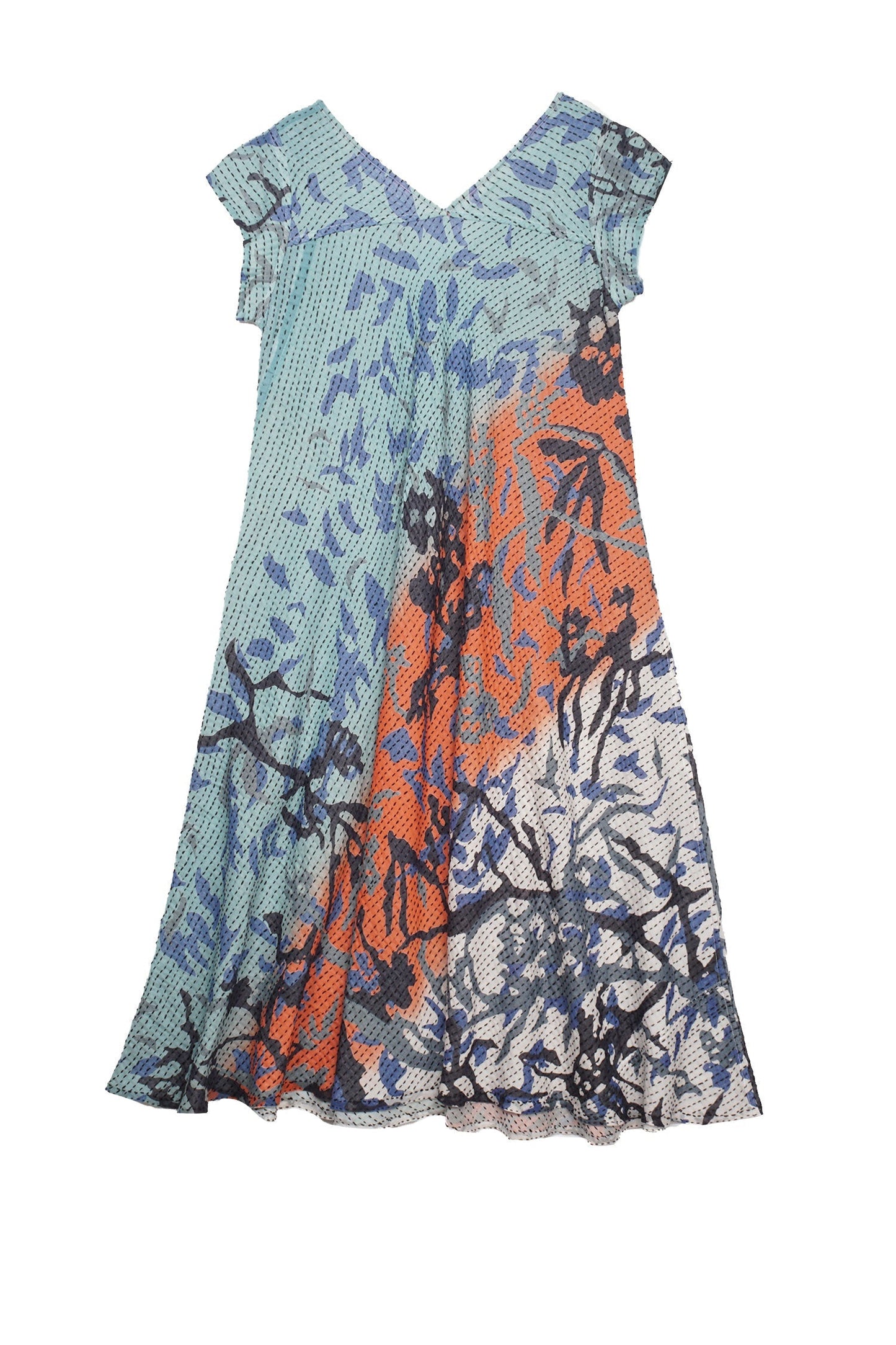 SUMMER BREEZE PRINT KANTHA CAP SLV. FLARE DRESS - sz2425-blu -