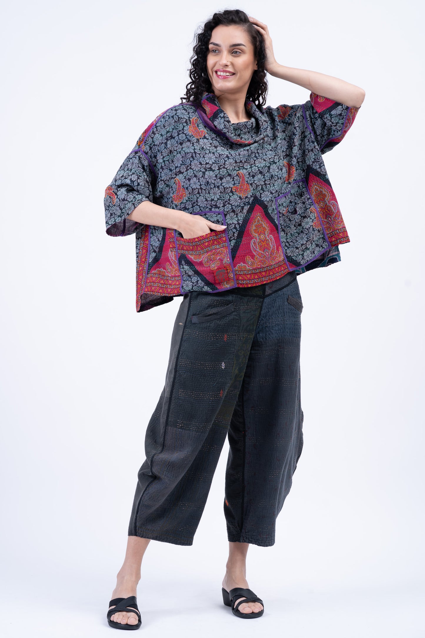VINTAGE SILK GEORGETTE COTTON KANTHA COWL NECK PONCHO - gc2061-0003a -