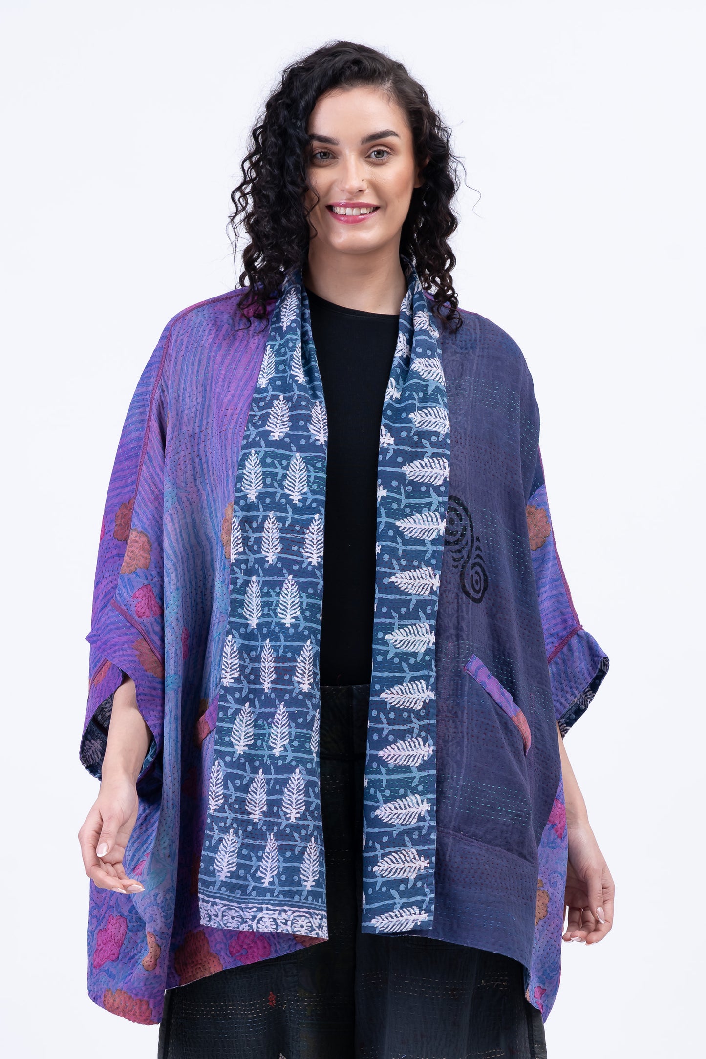 VINTAGE SILK GEORGETTE COTTON KANTHA DOUBLE COLLAR PONCHO - gc2323-0004a -