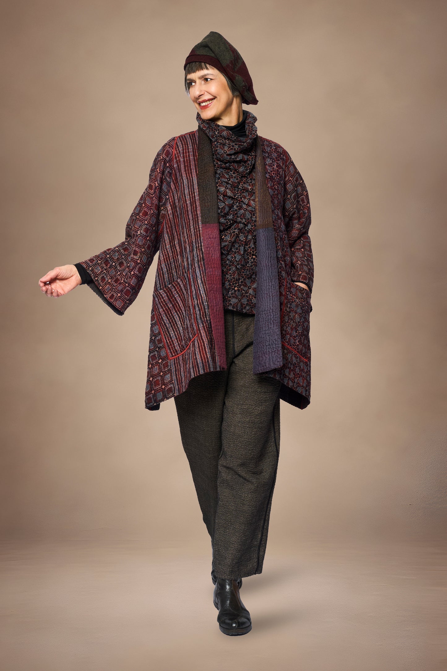 AJRAKH PRINT AND SILK COTTON PATCH KANTHA A-LINE JACKET - az4003-brn -