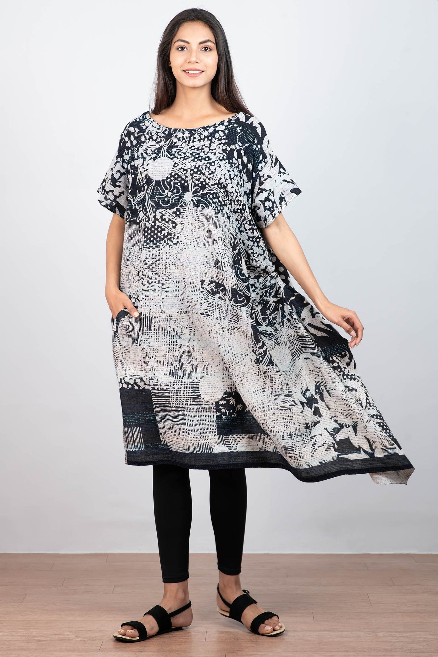 MONOTONE TWILIGHT PRINT KANTHA BOAT NECK T. DRESS - tp2430-blk -