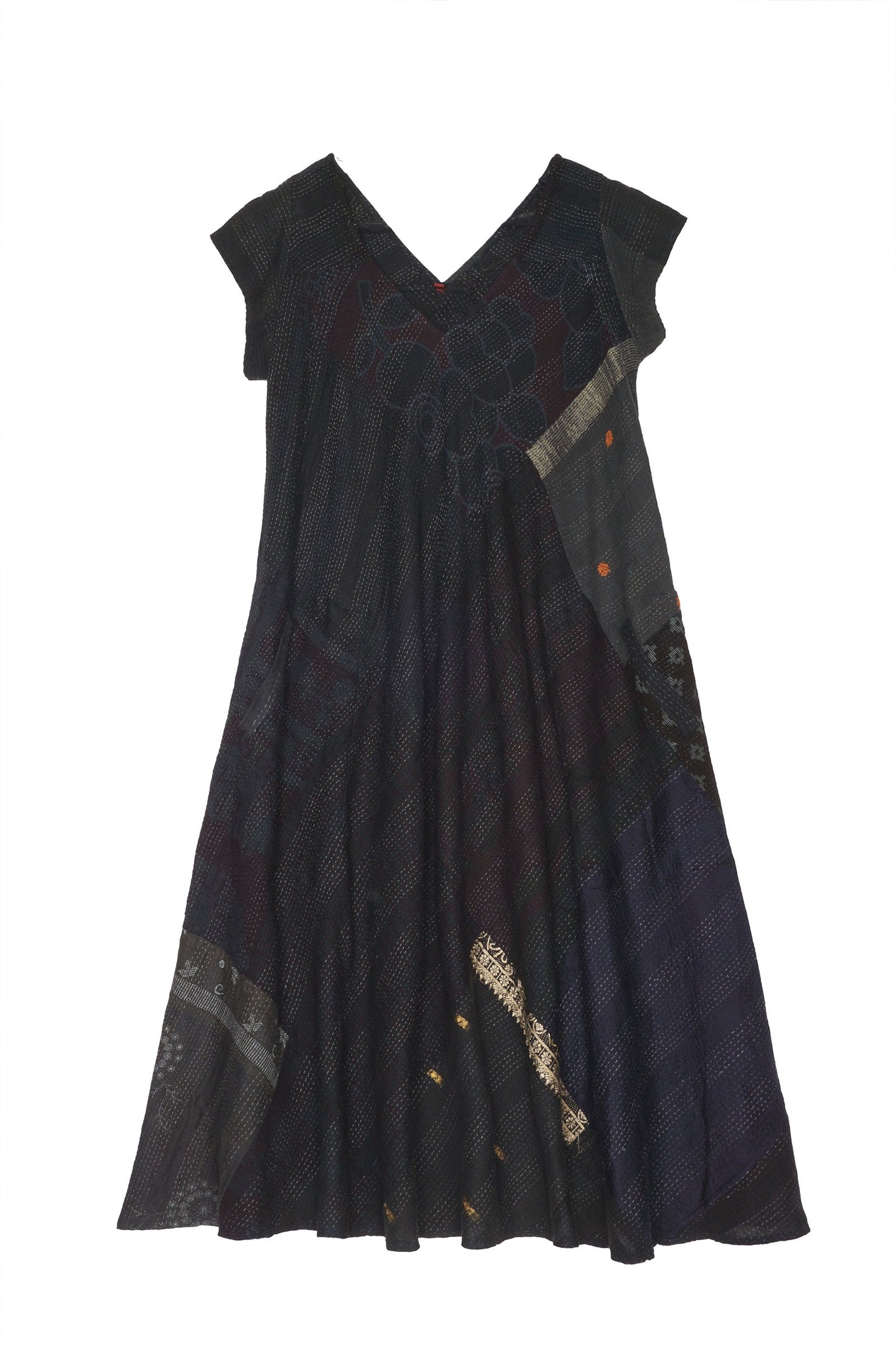 COTTON SILK SW PATCH KANTHA CAP SLV. FLARE DRESS - ws2425-blk -