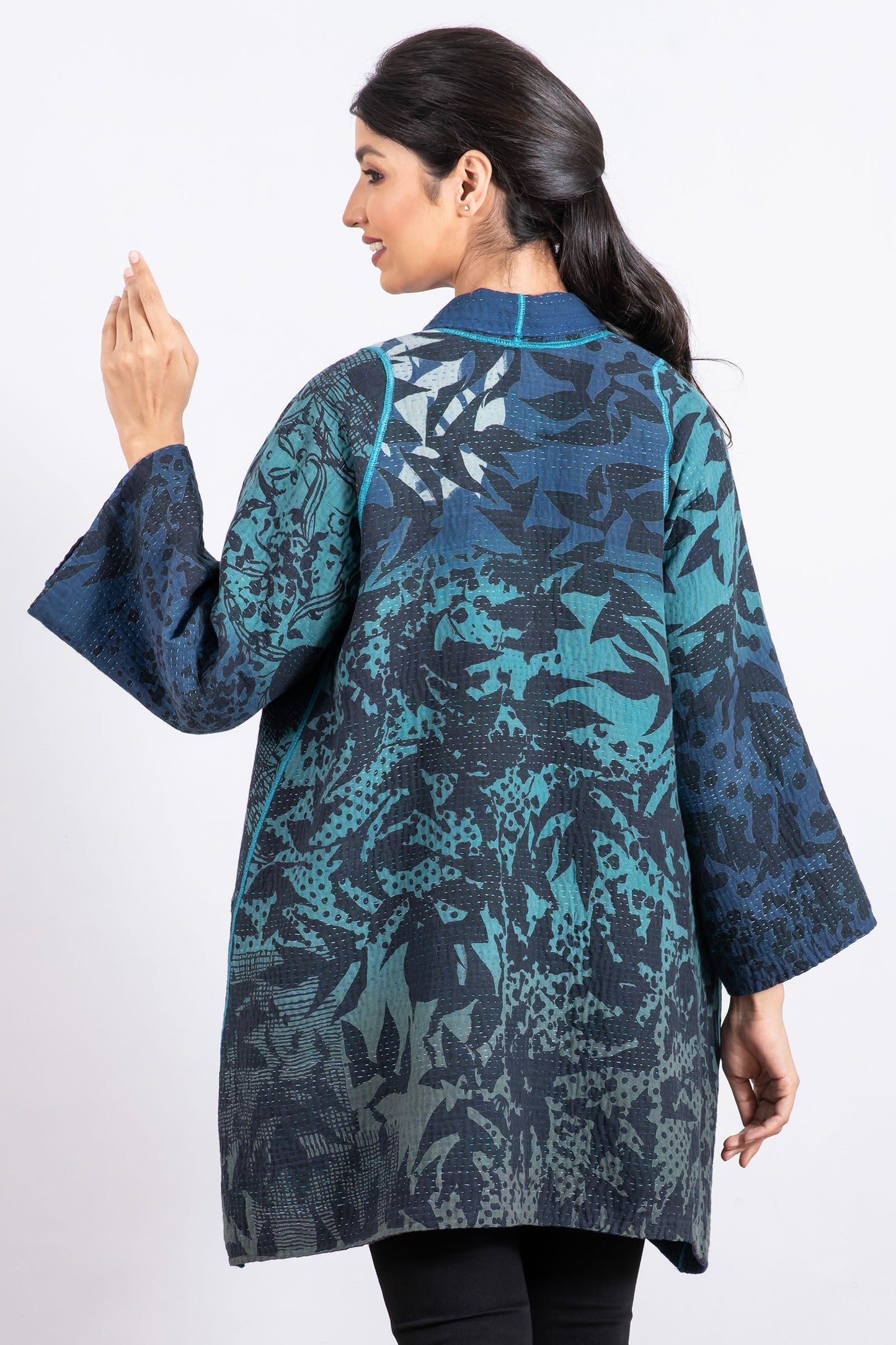 MONOTONE TWILIGHT PRINT KANTHA A-LINE JKT - tp4003-blu -