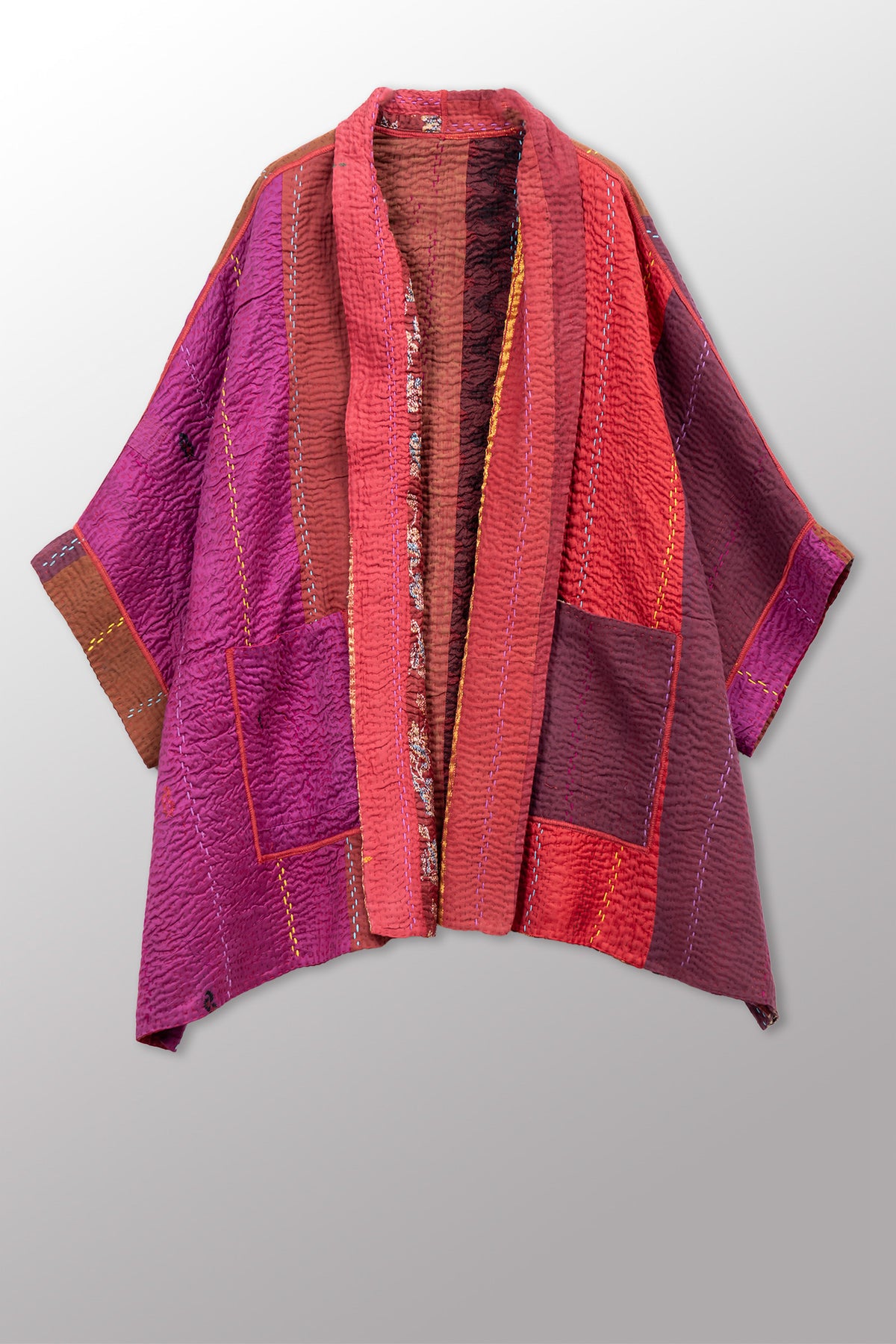 JEWEL WOVEN WITH VERTICAL PATCH KANTHA DOUBLE COLLAR PONCHO - jv4323-red -