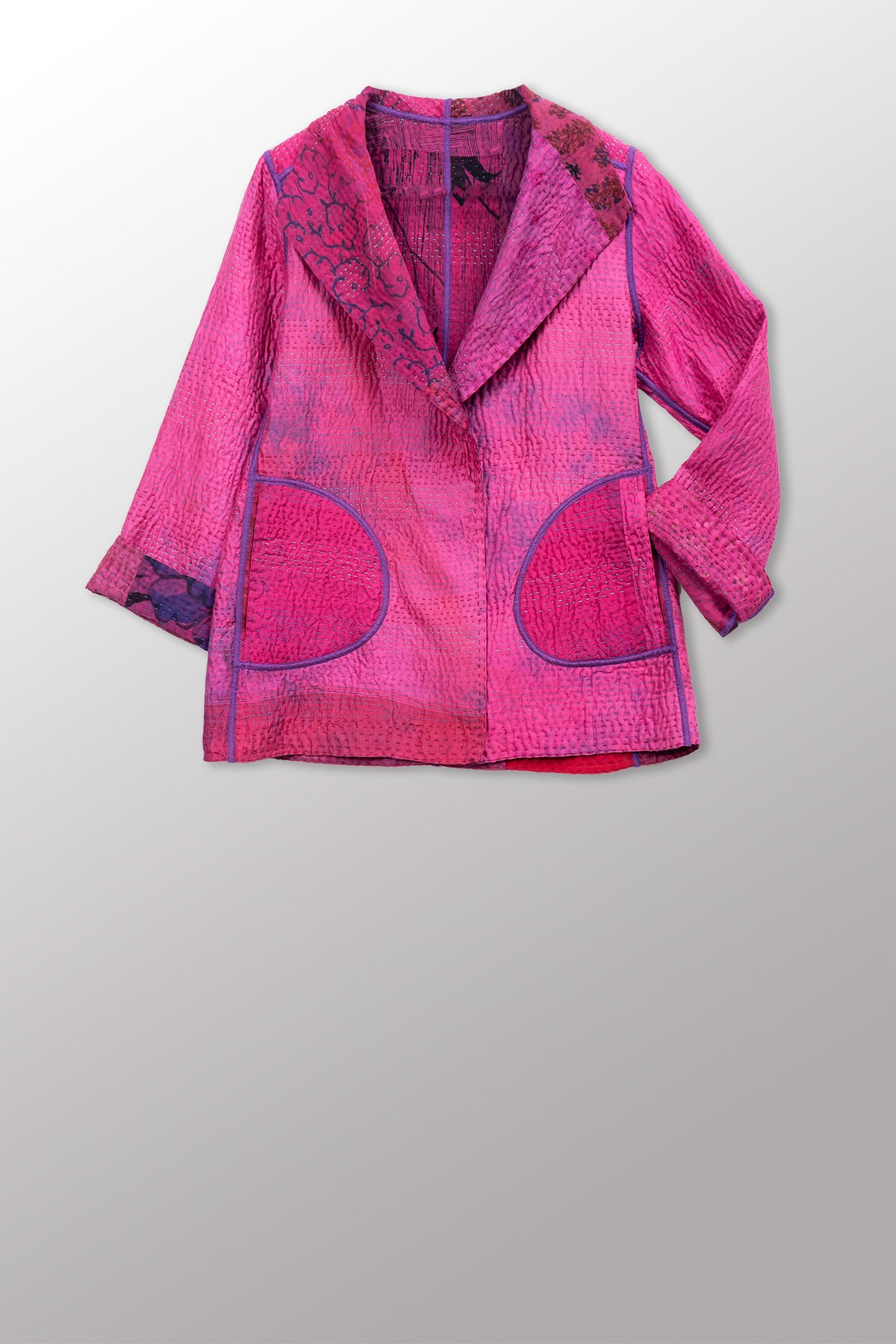 GEORGETTE JACQUARD VINTAGE SILK PATCH KANTHA SHORT JACKET - gj4007-pik -