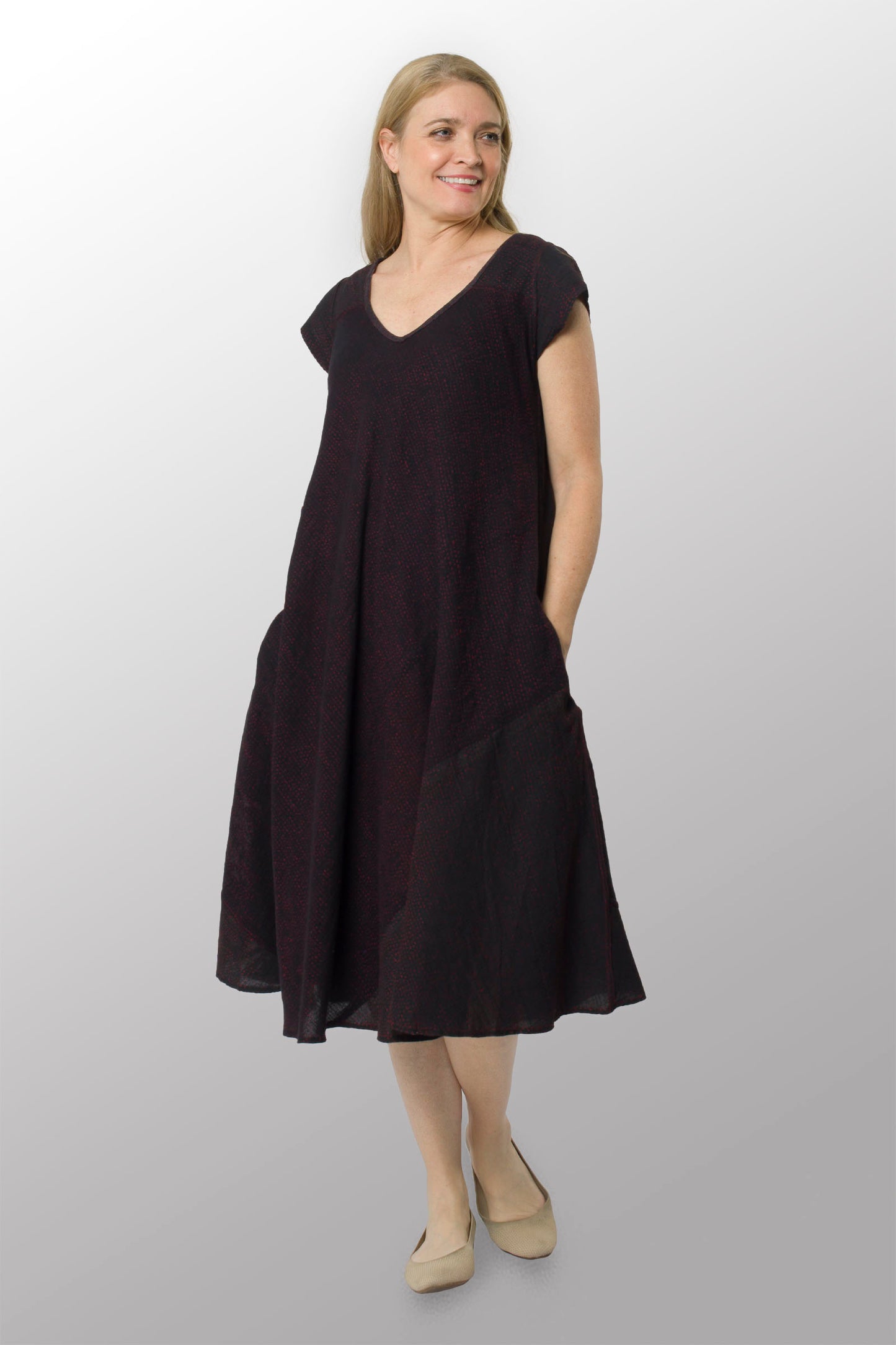 MONOTONE TWILIGHT PRINT KANTHA CAP SLV. FLARE DRESS - tp2425-red -