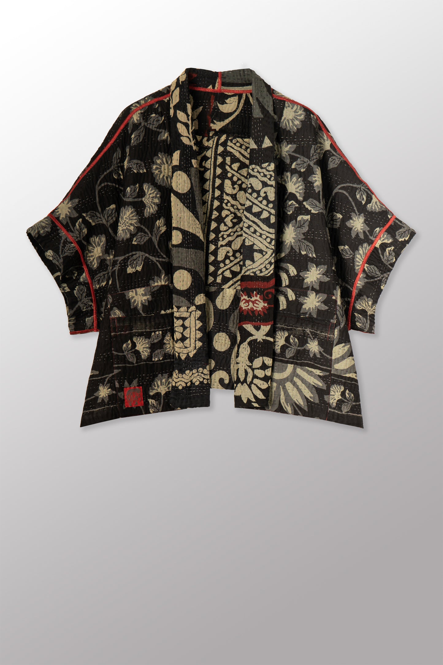 BLACK AND WHITE PRINT PATCH KANTHA MINI PONCHO - pn4060-red -