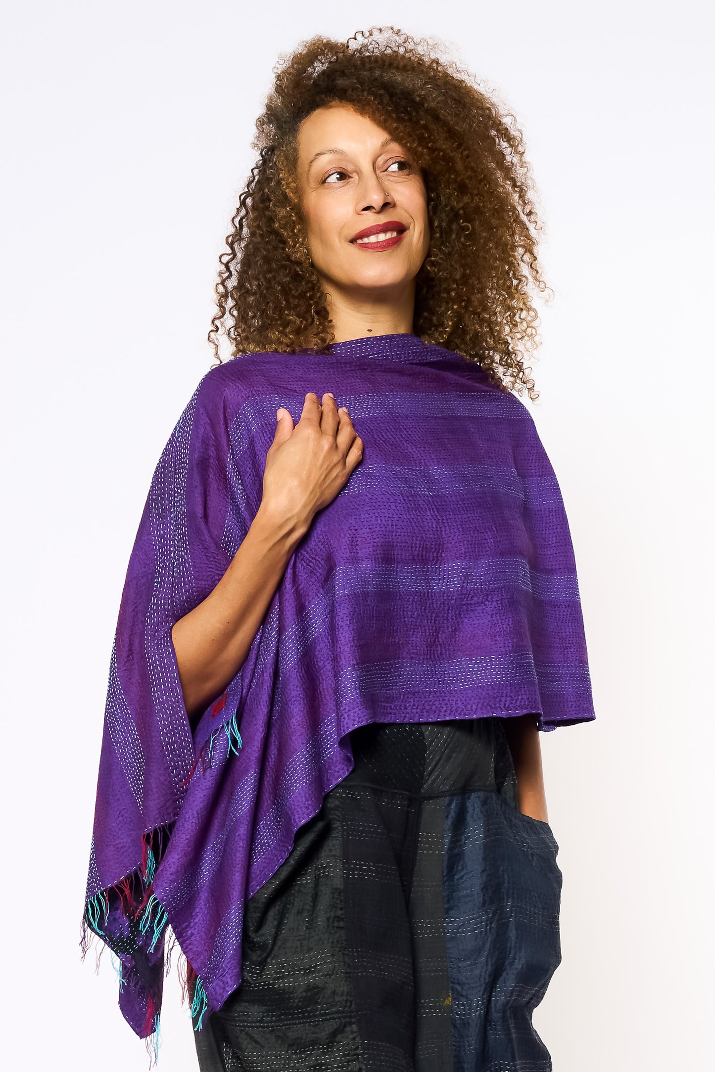 VINTAGE SILK GEORGETTE KANTHA CAPE - sg2806-mlt -