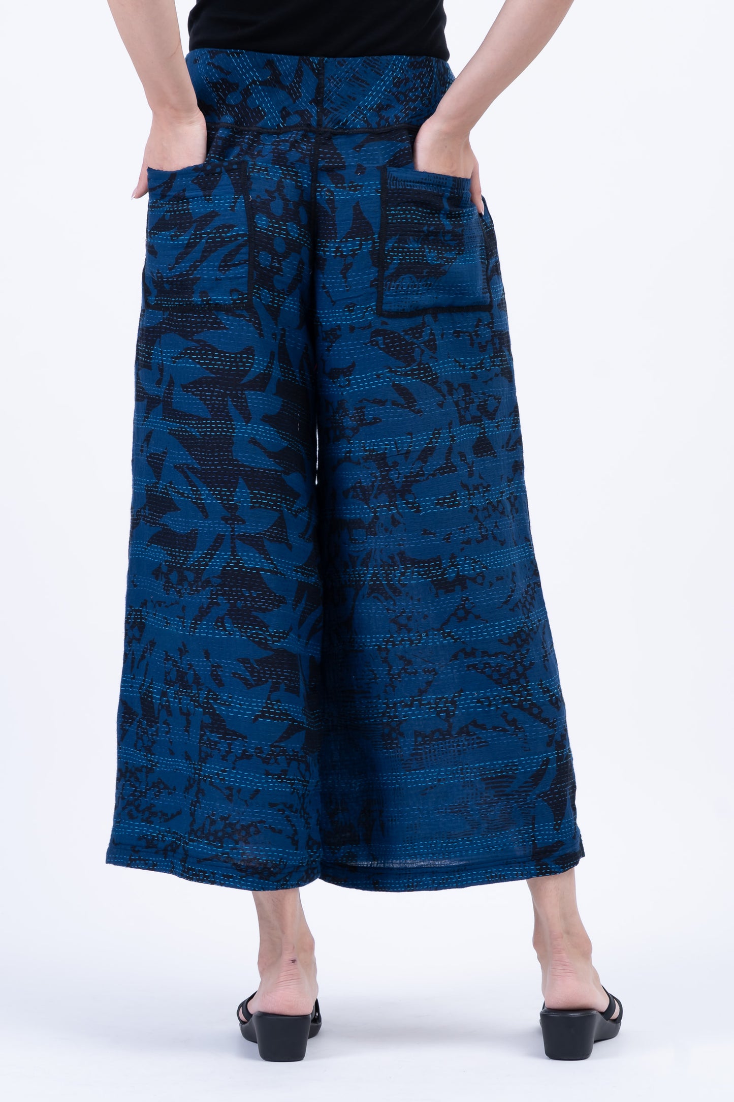 MONOTONE TWILIGHT PRINT KANTHA MID RISE WIDE LEG PANTS - tp2665-nvy -