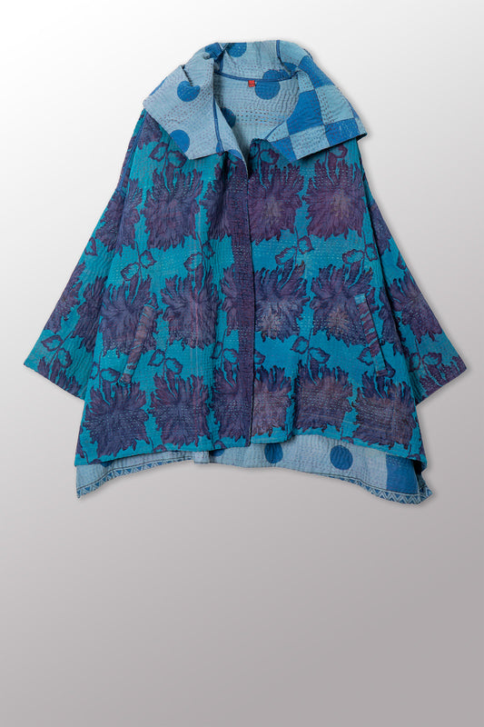 VINTAGE SILK GEORGETTE COTTON KANTHA HOODIE PONCHO - gc4064-0001a -