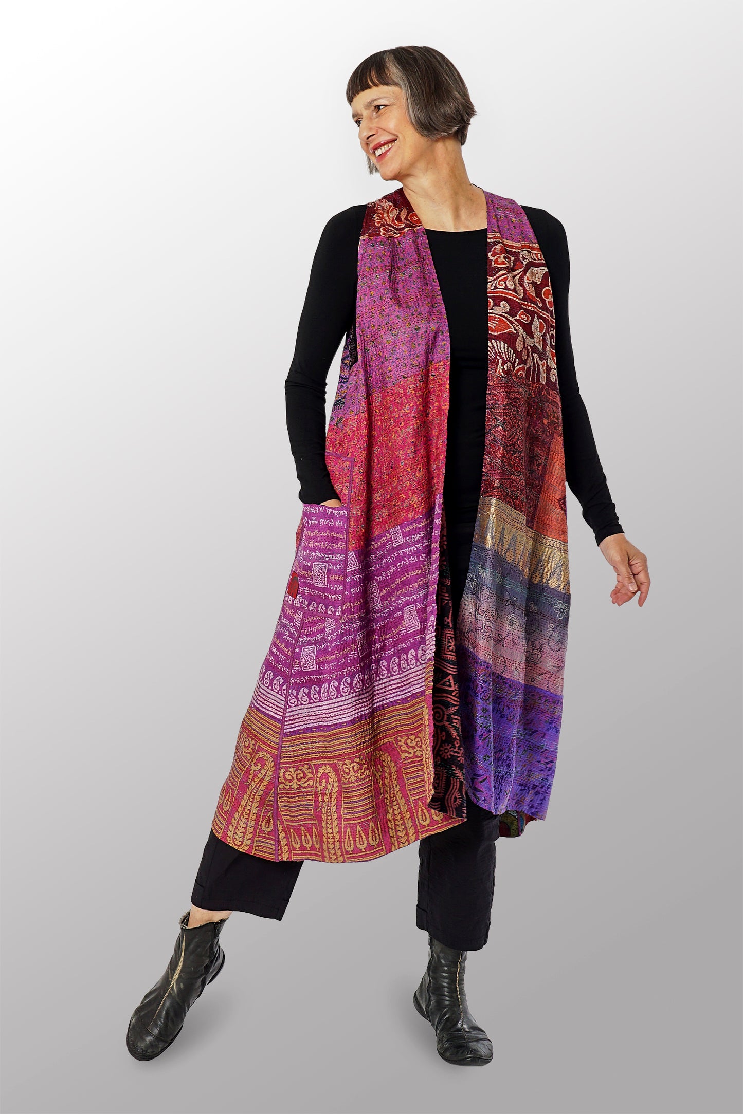 VINTAGE SILK KANTHA BACK PLEATED VEST MAXI - sv2222-0009a -