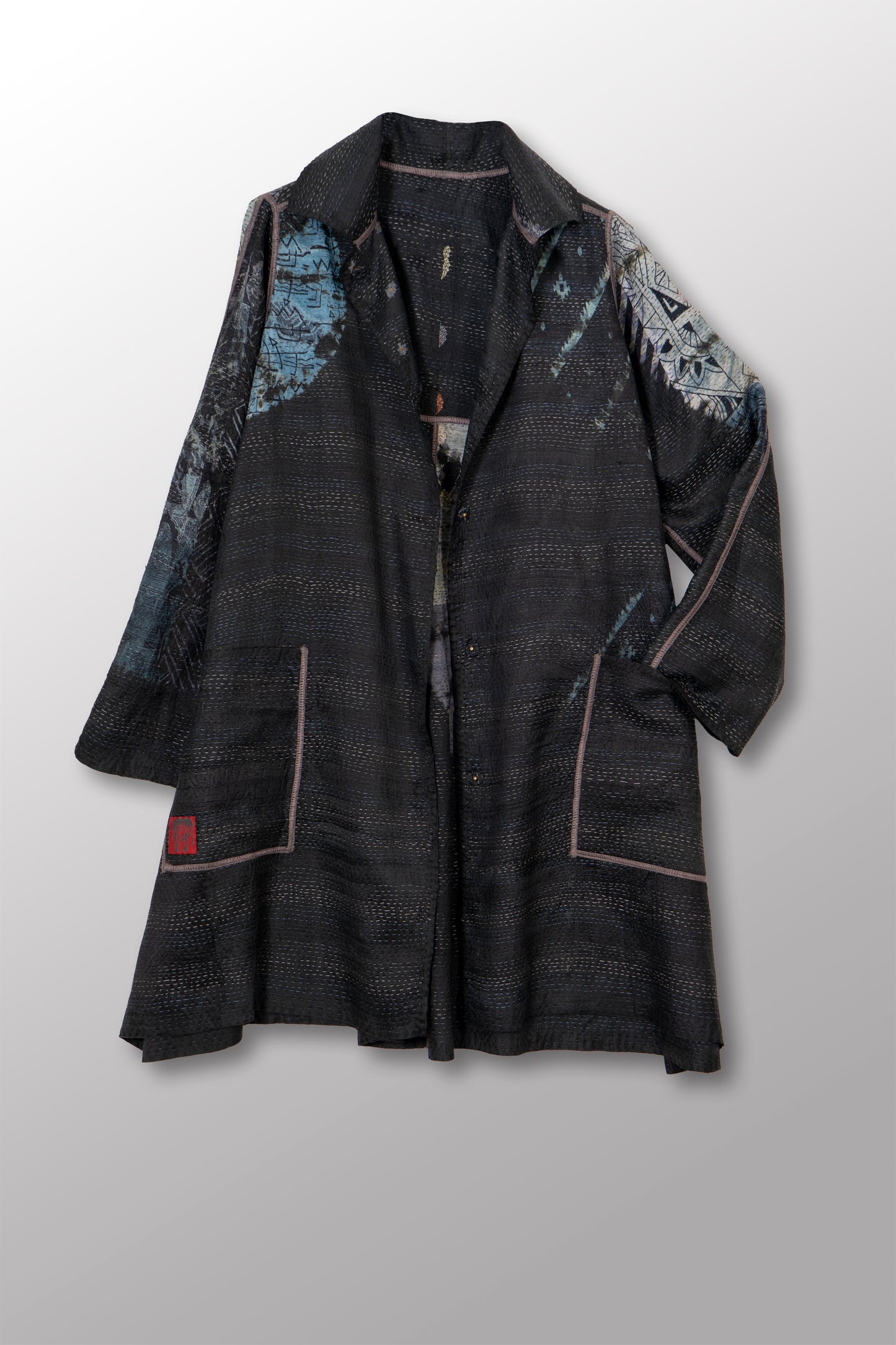TIE DYE CIRCLE SHIBORI KANTHA A-LINE DUSTER - td2311-blk -