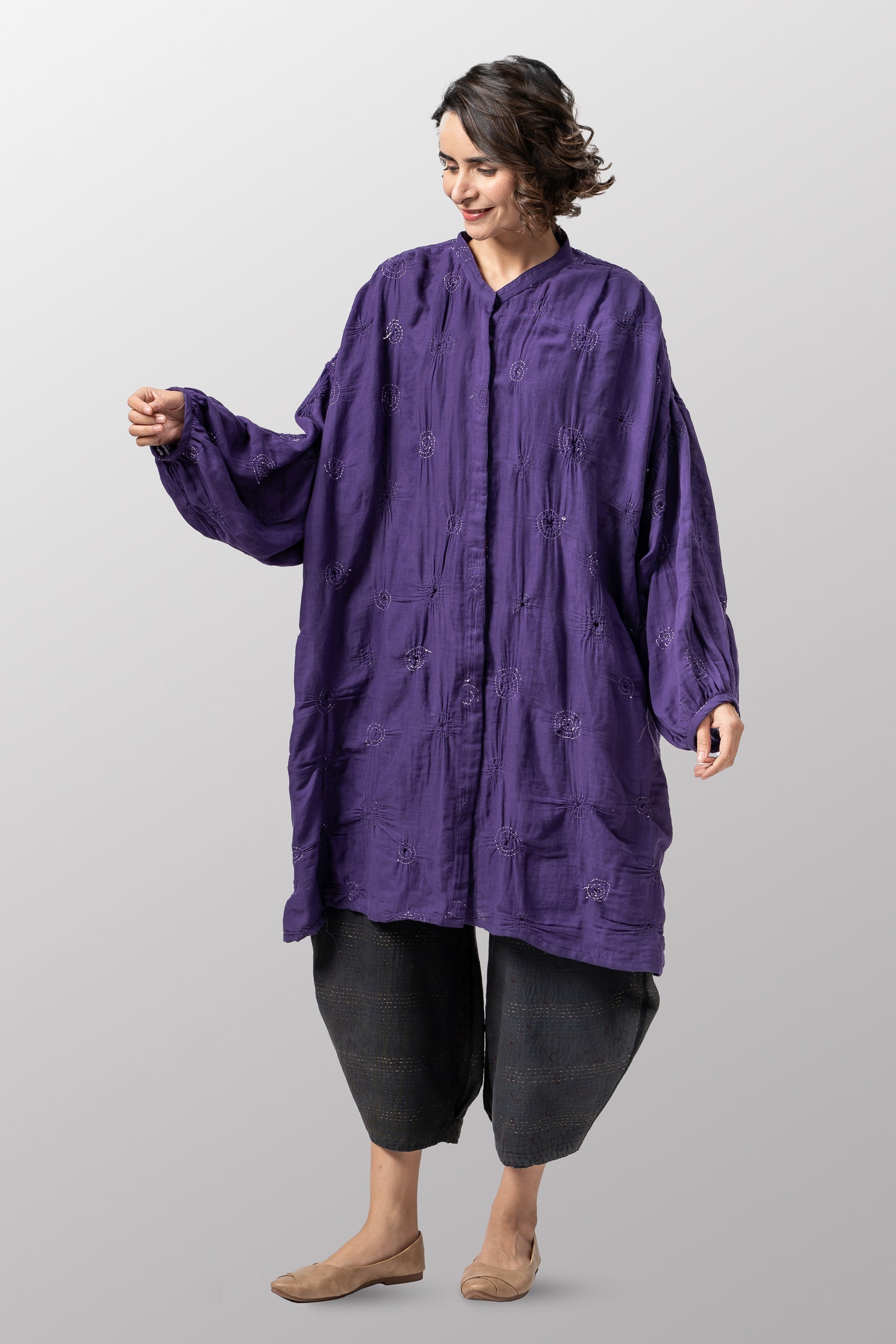 SPIRAL KANTHA BAND COLLAR OVERSIZED SHIRT - sl2599-prp -