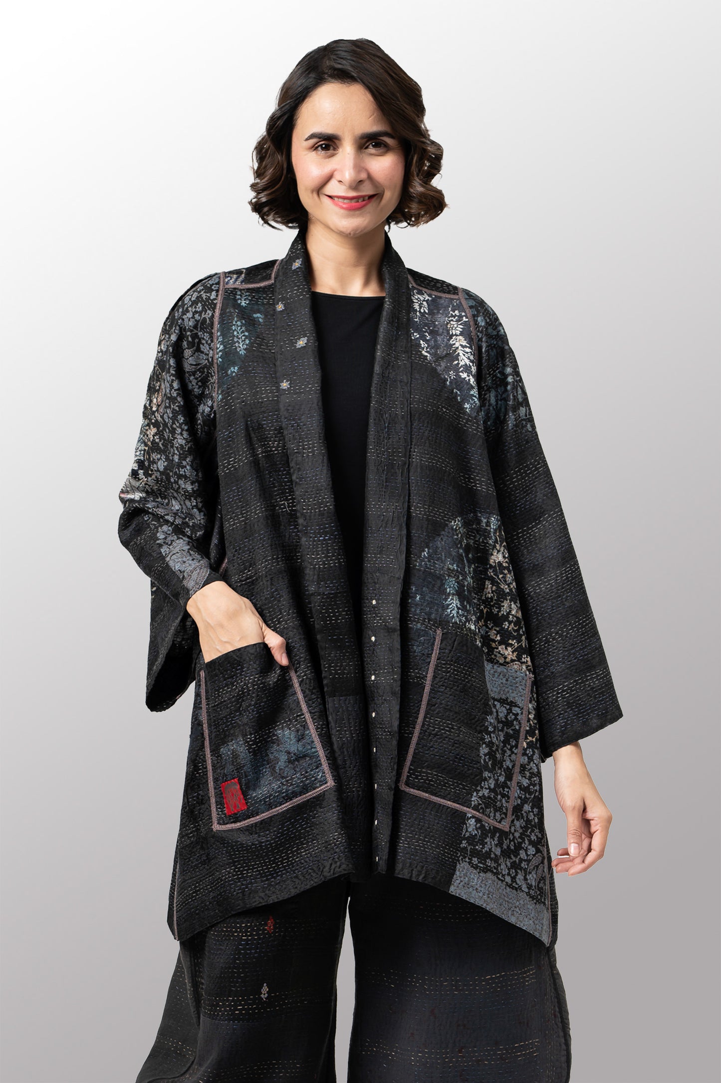 TIE DYE CIRCLE SHIBORI KANTHA A-LINE JACKET - td2003-blk -