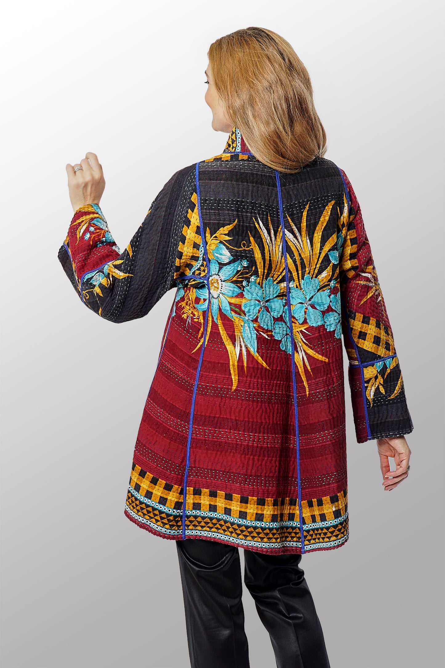 VINTAGE COTTON KANTHA FLARE LONG JACKET - cv4021-0049m -