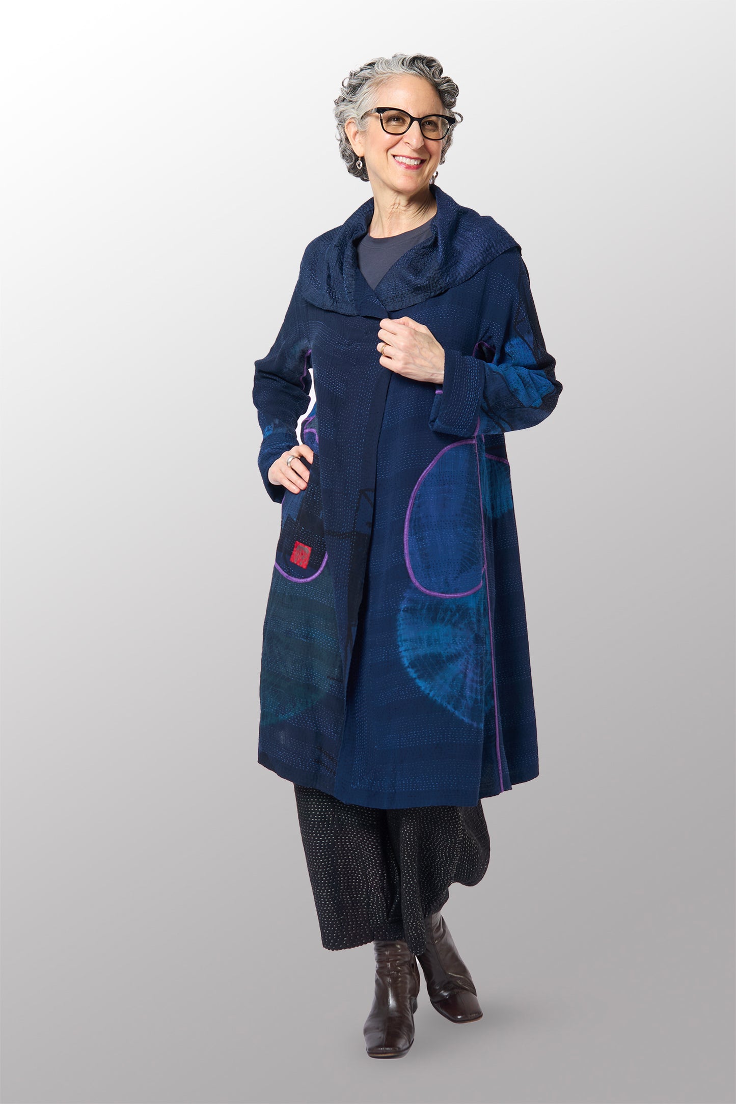 SHIBORI TIE DYE GEORGETTE VINTAGE SILK PATCH KANTHA A-LINE COAT - st-gs2309-nvy -