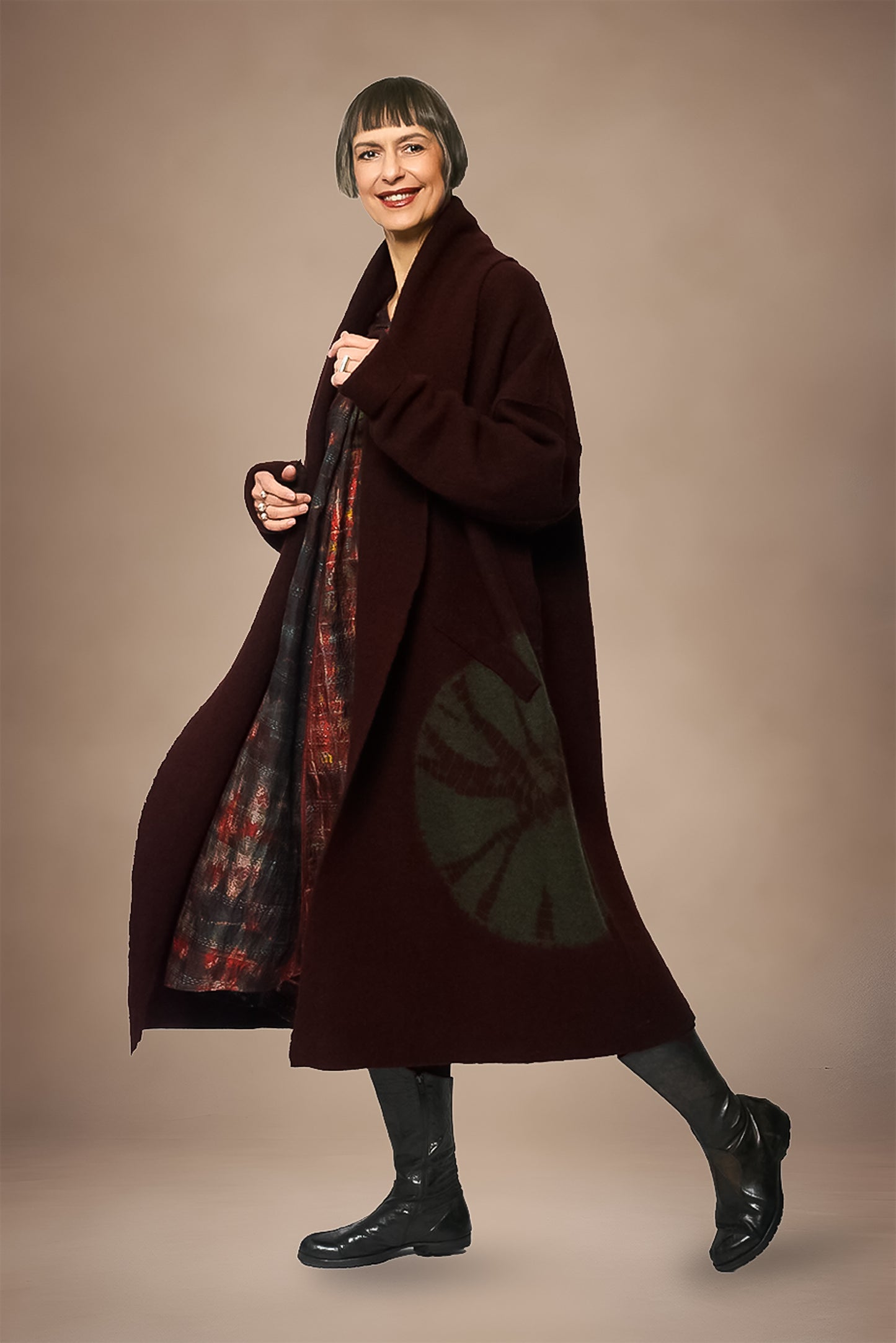 CIRCLE TIE DYE BOILED WOOL NEW SHAWL COAT LONG - tw1362-brn -