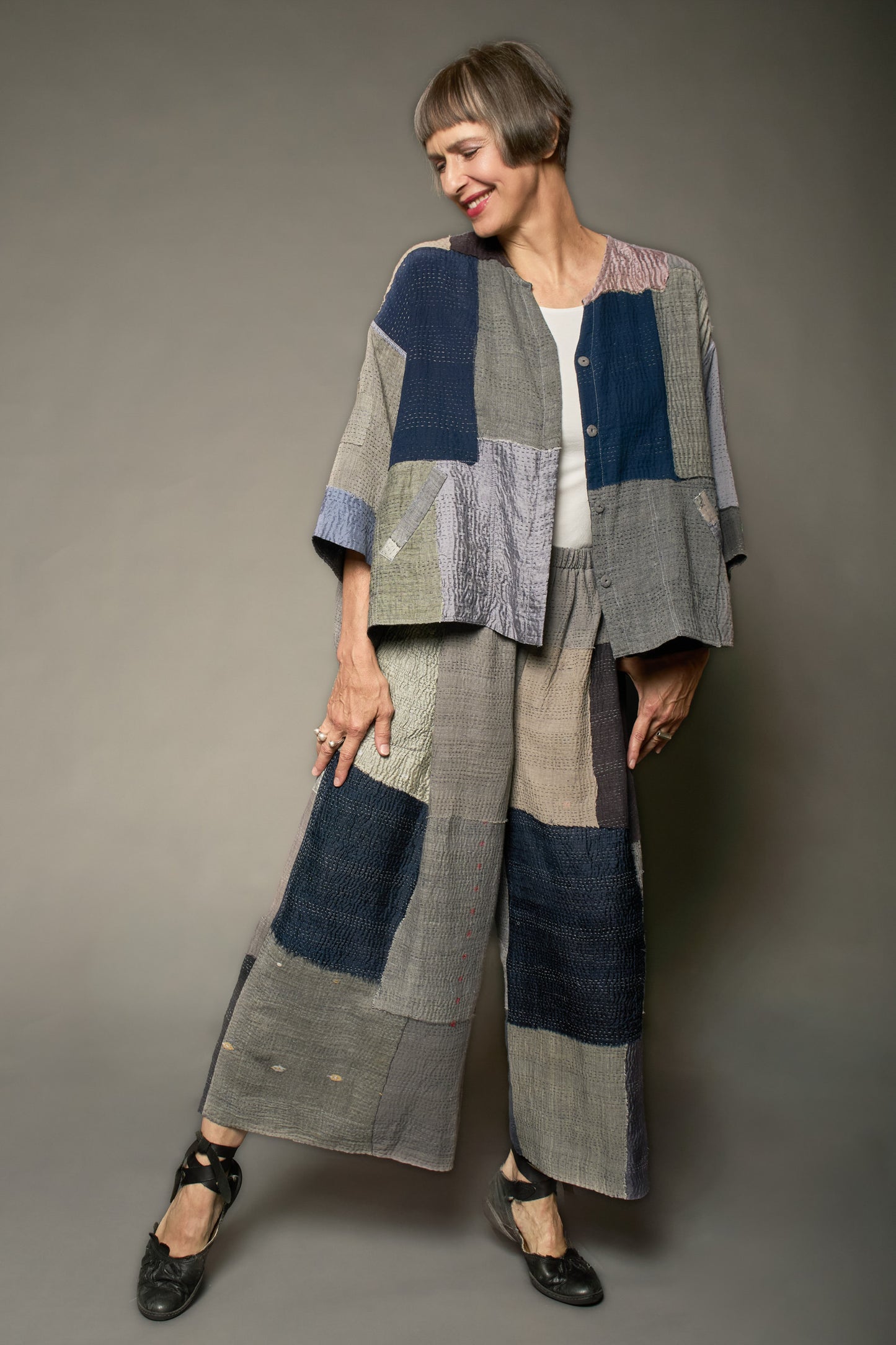 MOSAIC FRAY PATCH KANTHA PLEATED WIDE LEG PANTS - zb2678-gry -