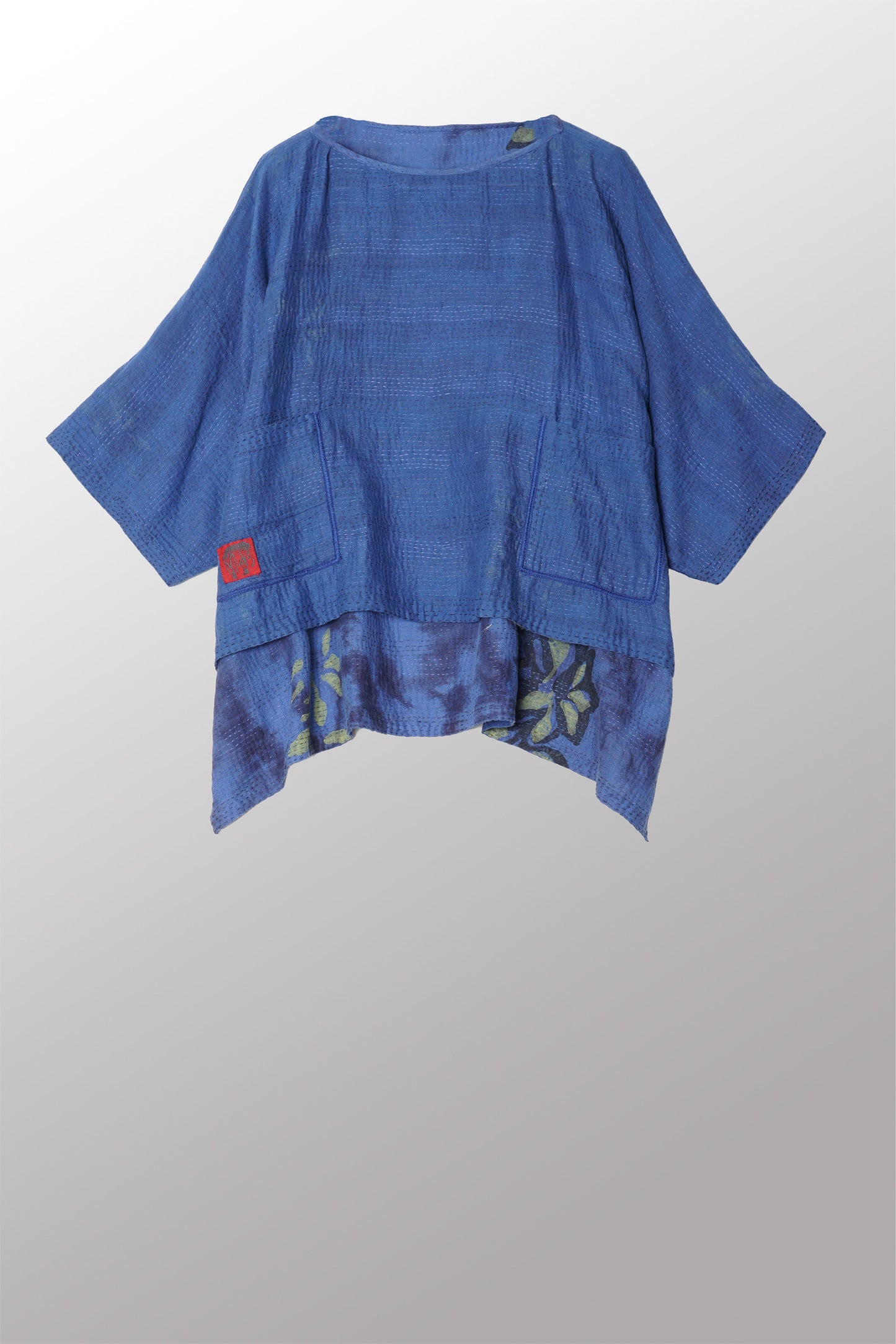 CLOUD TIE DYE FLORAL KANTHA CROPPED BOAT NECK DOLMAN TOP - uf2t105-blu -