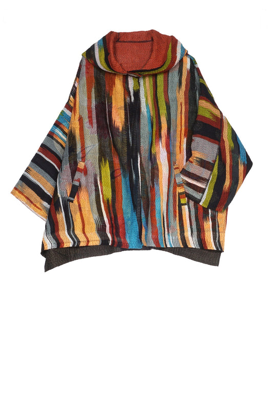 IKAT STRIPE KANTHA HOODIE PONCHO - is4064-red -