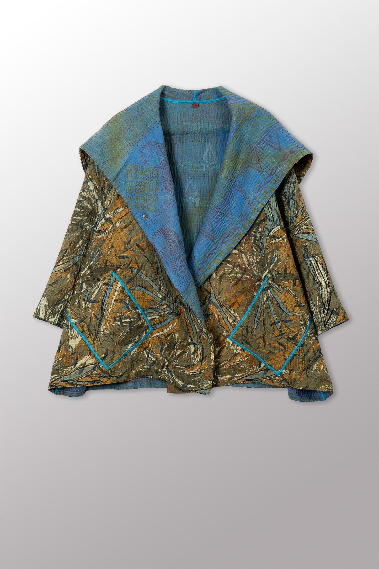 VINTAGE SILK GEORGETTE COTTON KANTHA FLARE JACKET - gc4010-0003a -