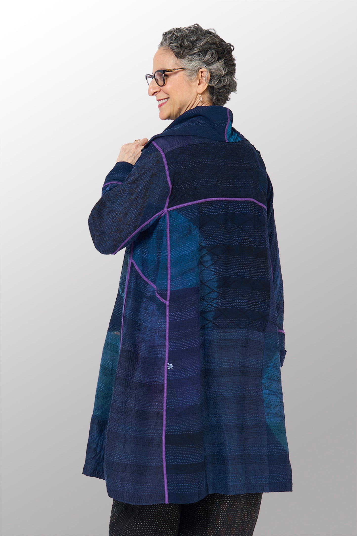 SHIBORI TIE DYE GEORGETTE VINTAGE SILK PATCH KANTHA A-LINE COAT - st-gs2309-nvy -
