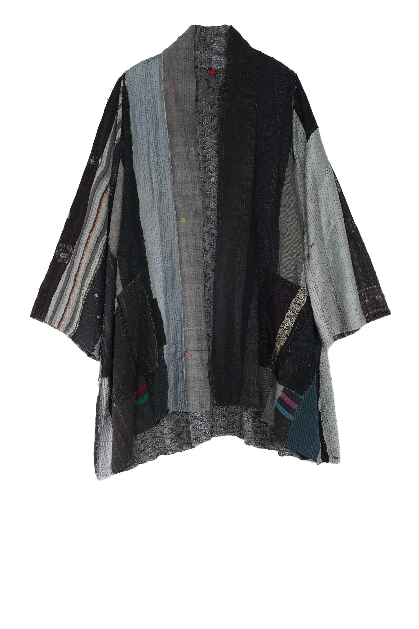 STRIPE FRAYED & HANDWOVEN KANTHA A-LINE JKT - ft2003-blk -