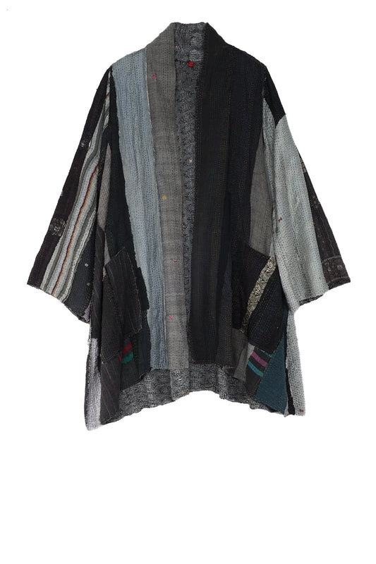 STRIPE FRAYED & HANDWOVEN KANTHA A-LINE JKT - ft2003-blk -