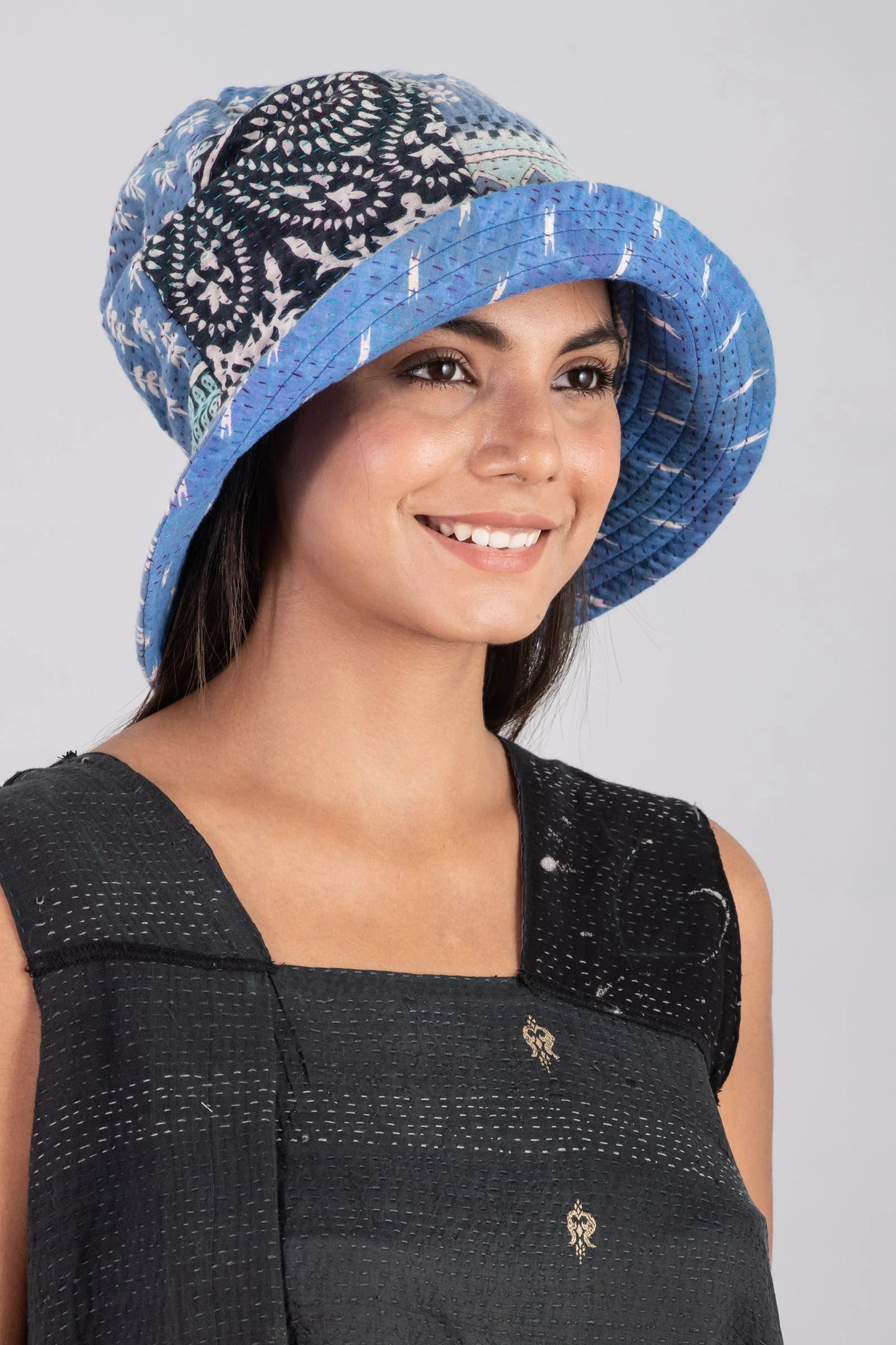 VINTAGE COTTON KANTHA FULL BRIM HAT - cv4889-blu -