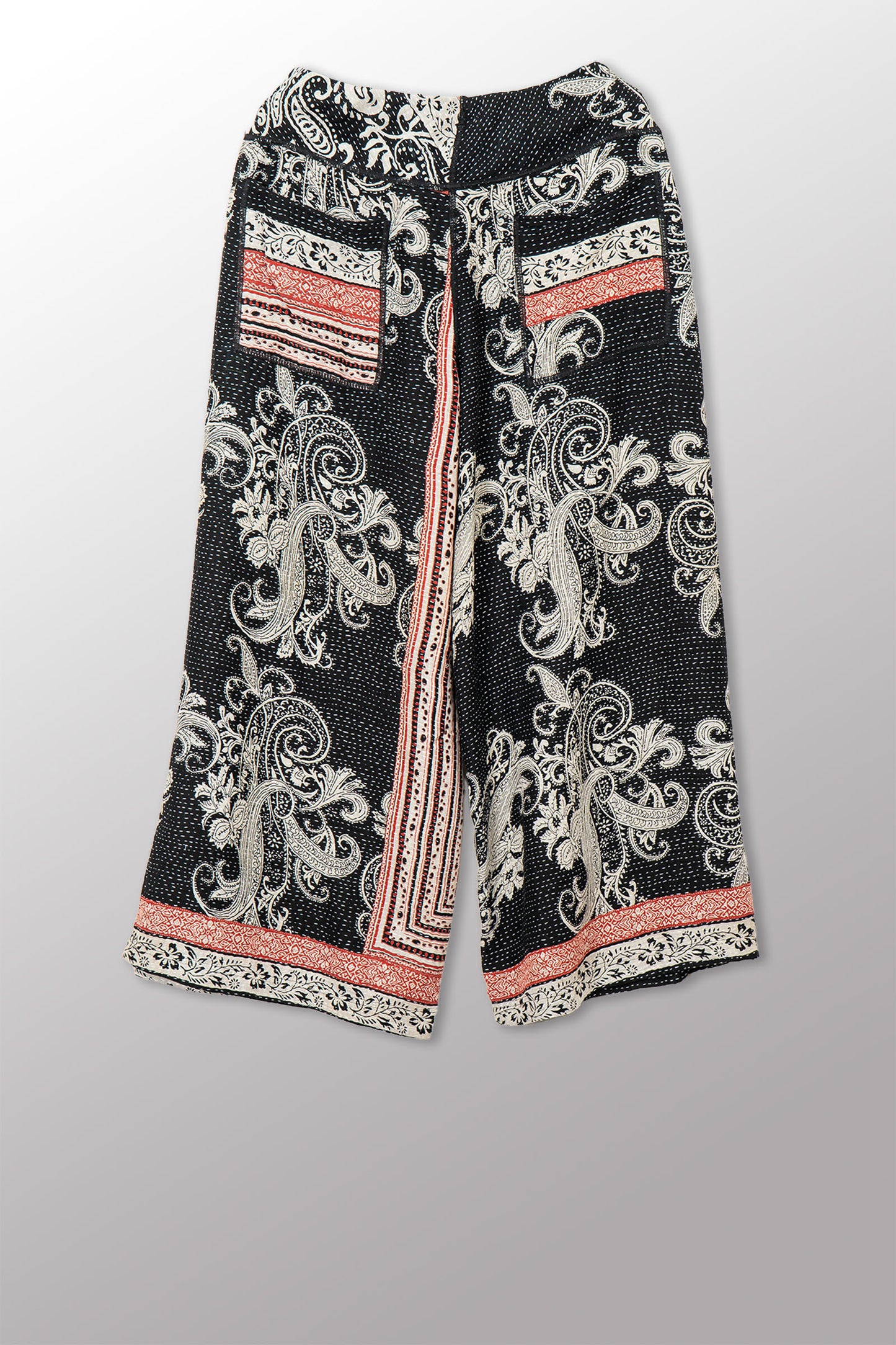 COTTON PAISLEY KANTHA MID RISE WIDE LEG PANTS - cp2665-blk -