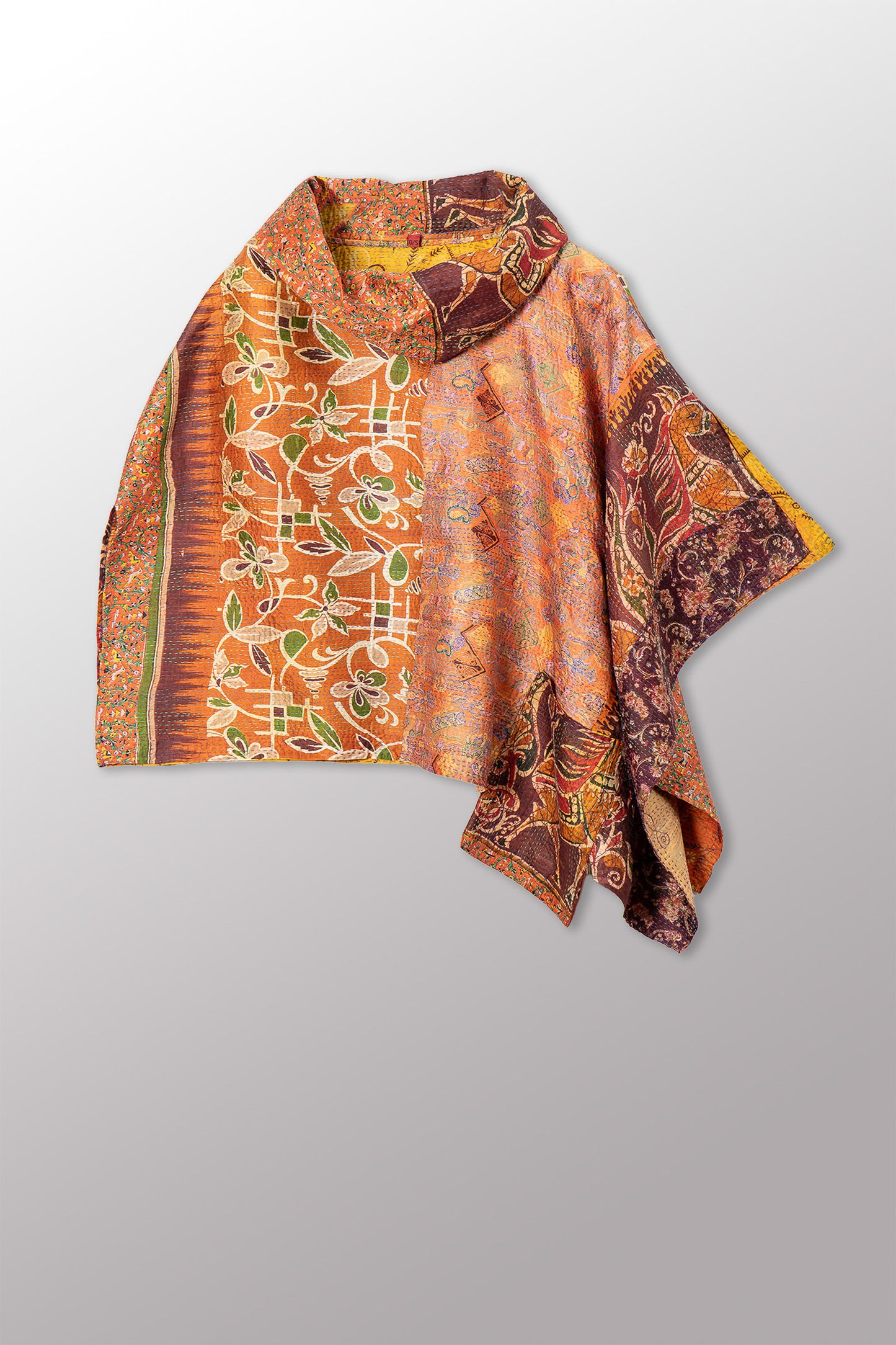 VINTAGE SILK KANTHA COWL NECK LONG CAPE - sv2842-0012a -
